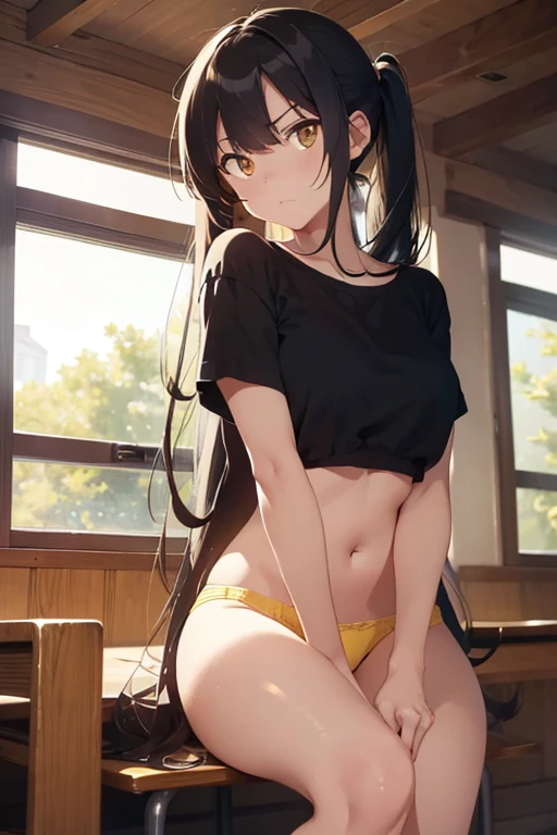 one woman, sitting with legs tucked under, tall of a person,yellow bra,yellow panty,thin,gleaming skin,beautiful face,sharp eyes,brown eyes,flushed cheeks,cool,angry,long hair,pony tale, black hair,slender face,indoor,illustration style,anime style,masterpiece, extremely fine and beautiful,illustration,adult woman