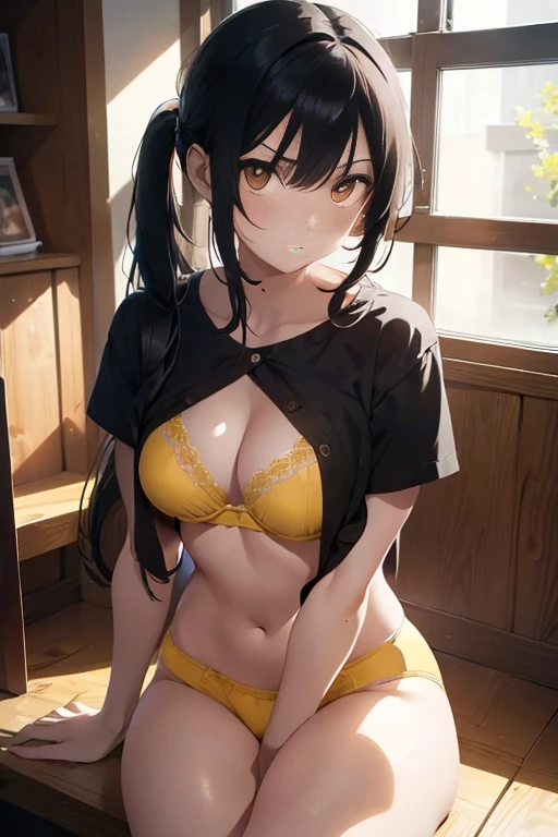 one woman, sitting with legs tucked under, tall of a person,yellow bra,yellow panty,thin,gleaming skin,beautiful face,sharp eyes,brown eyes,flushed cheeks,cool,angry,long hair,pony tale, black hair,slender face,indoor,illustration style,anime style,masterpiece, extremely fine and beautiful,illustration,adult woman