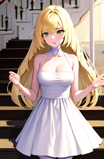 ((best quality)), ((Very detailed)), masterpiece, absurd, (Delicate eyes, Deep eyes), (1 Girl), Cowboy shooting, Lusamin, blond, Very long hair, Green Eyes, Medium breasts, (No white dress), No sleeveless dress, Green gemstones, No white leggings, High heel, white shoes, (indoors, on the stairs), Side milk，No underwear，Naked upper body，No clothes on the lower body，Expose，Expose生殖器，Ludongdong，Expose