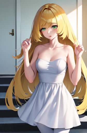 ((best quality)), ((Very detailed)), masterpiece, absurd, (Delicate eyes, Deep eyes), (1 Girl), Cowboy shooting, Lusamin, blond, Very long hair, Green Eyes, Medium breasts, (No white dress), No sleeveless dress, Green gemstones, No white leggings, High heel, white shoes, (indoors, on the stairs), Side milk，No underwear，Naked upper body，No clothes on the lower body，Expose，Expose生殖器，Ludongdong，Expose