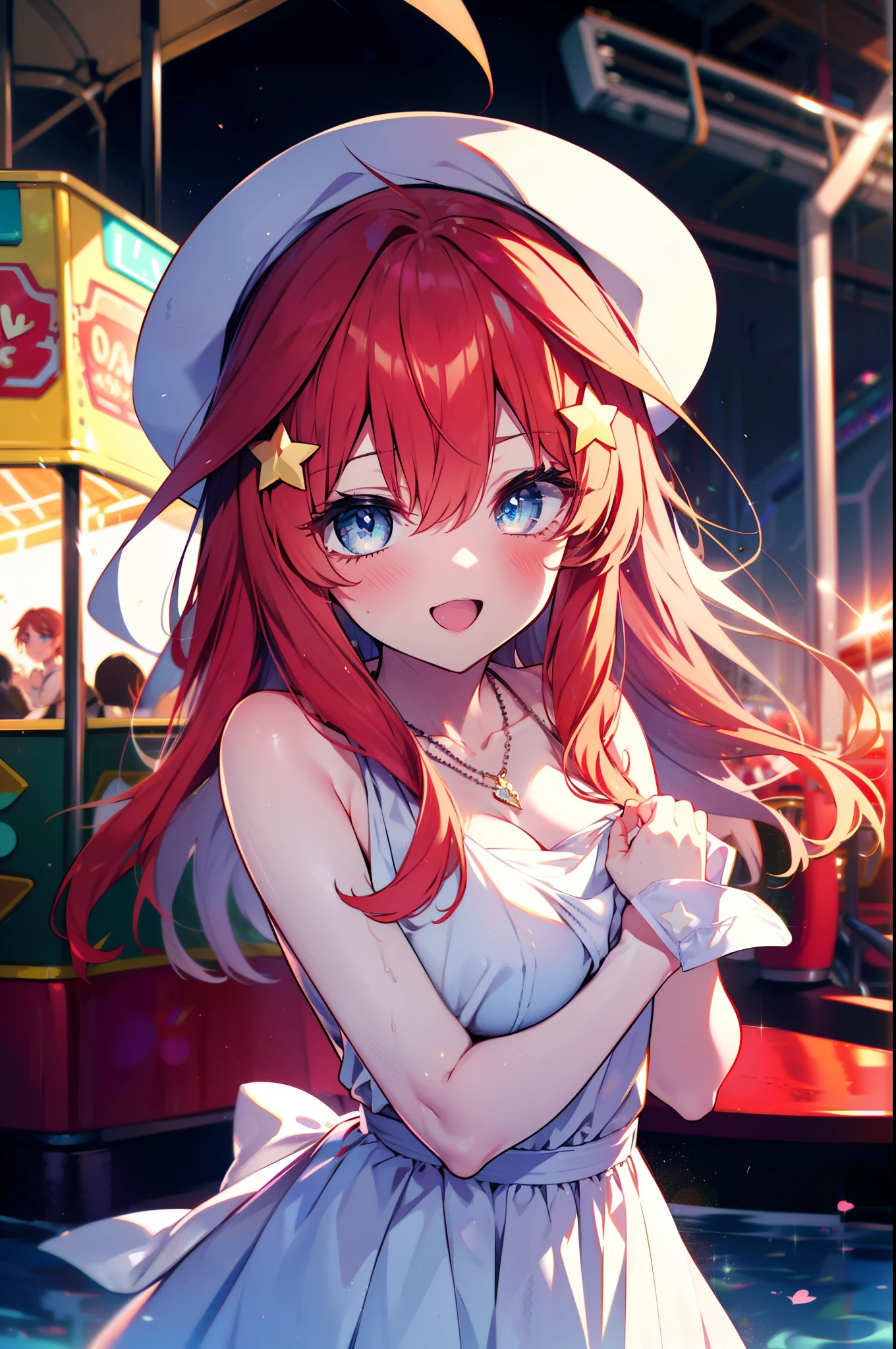 itsukinakano, Itsuki Nakano, bangs, blue eyes, Hair between the eyes, Ahoge, Redhead, star \(symbol\), hair ornaments, star hair ornaments,smile,blush,happy atmosphere,
(Great Laugh:1.1), (Open your mouth:1.1), Sun glare, Bokeh, Written boundary depth, blurred background, Particles of light, Strong winds, (Heart Particles:1.1),white hat,White long skirt integrated dress,Exposing shoulders,bare clavicle,Bare neck,Bare arms,Cute Sandals,slouch,Look up,night,moonlight,star,romantic,Heart Necklace,amusement park, roller coaster, carousel, Bumper Car, Ferris wheel, water park, break looking at viewer, Upper Body, whole body,(Cowboy Shot:1. 3) break outdoors, amusement park break (masterpiece:1.2), highest quality, High resolution, unity 8k wallpaper, (shape:0.8), (Fine and beautiful eyes:1.6), Highly detailed face, Perfect lighting, Highly detailed CG, (Perfect hands, Perfect Anatomy),