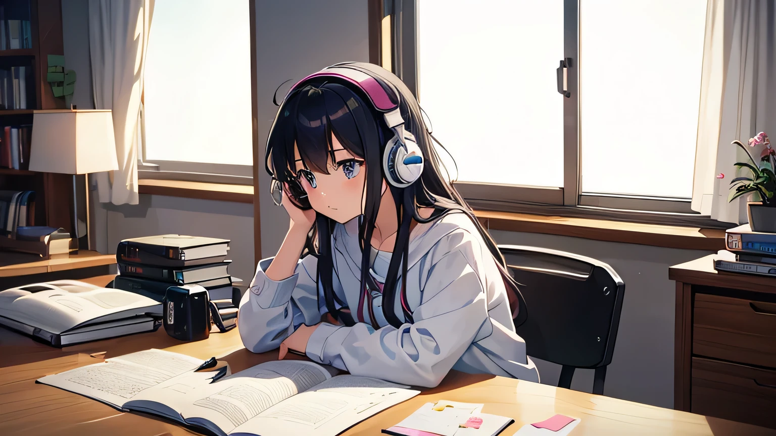 A girl studying in her room while listening to headphones　warm lighting　It&#39;s sunny outside the room　Japanese anime style　blackpen