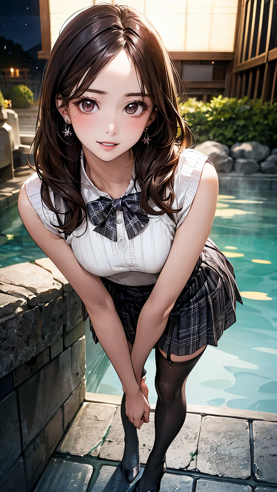 (masterpiece:1.2, top-quality), (realistic, photorealistic:1.4), beautiful illustration, (natural side lighting, movie lighting), nsfw, 
beautiful detailed hair, beautiful detailed face, beautiful detailed eyes, beautiful clavicle, beautiful body, beautiful chest, beautiful thigh, beautiful legs, beautiful hands, 
looking at viewer, ((face focus)), full body, close up of face, 1 girl, japanese, high school girl, perfect face, cute and symmetrical face, shiny skin, 
(long hair, straight hair, brown hair), forehead, gray eyes, slant eyes, big eyes, long eye lasher, (medium breasts), (small ass, thin thighs), slender, outstanding style, 
detailed cloth texture, small earrings, necklace, (knit dress, (plaid skirt)), bow tie, (striped stockings, high heels), 
(beautiful scenery), summer, night, (hot spring), standing, face up, (lovely smile, parted lips), 