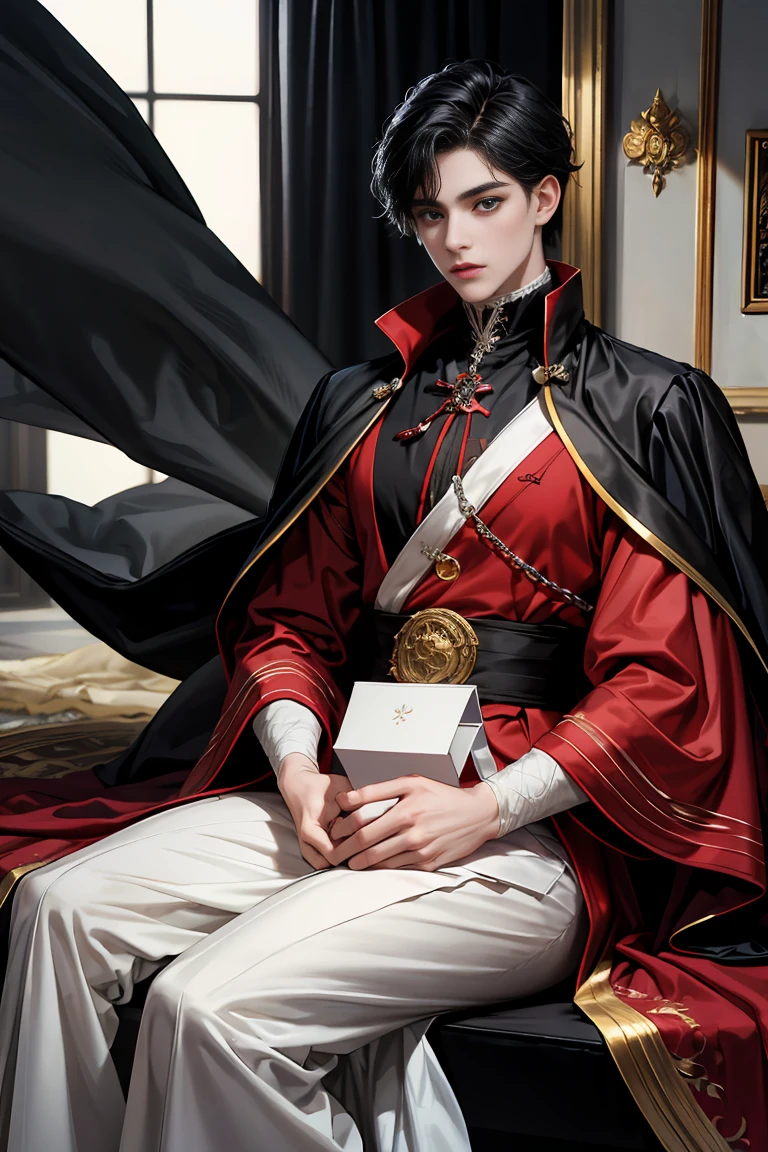 
masterpiece, 最high quality, high quality, 1 boy, alone, Male focus, Watching the audience, whole body, Winning spirit_destiny, Messy black hair, blue adorable big eyes, White, Noble, Noble, black Jack、A very big, very big, very big, very long, long red and black cape made with a lot of fabric that reaches all the way down to the floor, 17 years old,cute beautiful boy,cute cute handsome boy