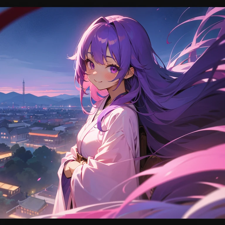 cute anime girl looking at view,purple hair,pink eyes,medium long hair,smile,using japanese