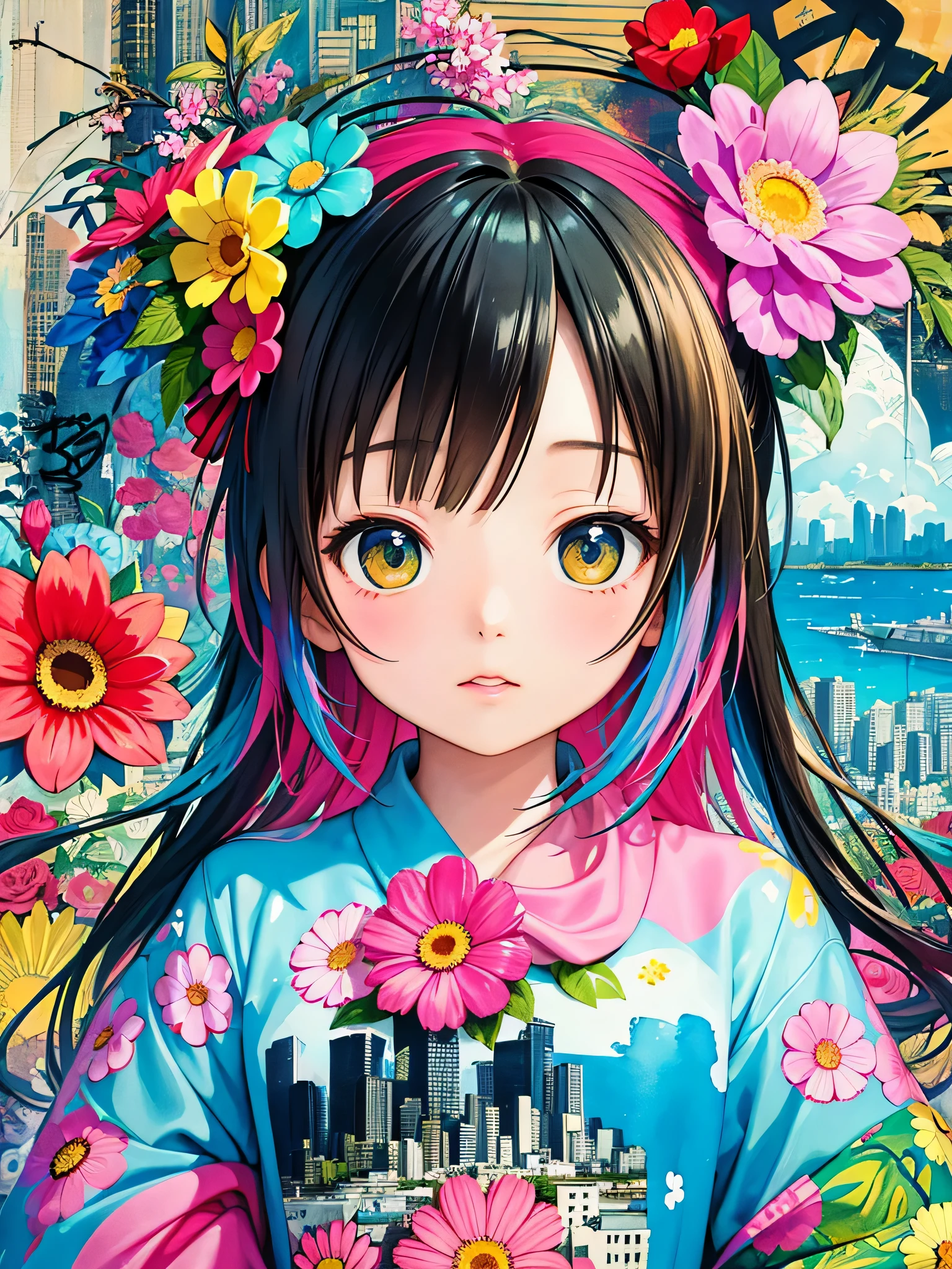 Ai Yazawa style、8K quality, Takashi murakami&#39;illustration of, intense watercolor, watercolor detailed art, watercolor splash, surreal, avant-garde pop art, Beautiful and expressive paintings, beautiful artwork illustration of, very colorful tones, wonderful, cool beauty, highest quality,official art, vector art,stylish design, ((most beautiful girl ever))), (((highest quality))), HDR, ((Detailed details)), (((graffiti art))), ((masterpiece))、((Super detailed))、(((colorful flowers)))、(((futuristic cityscape)))
