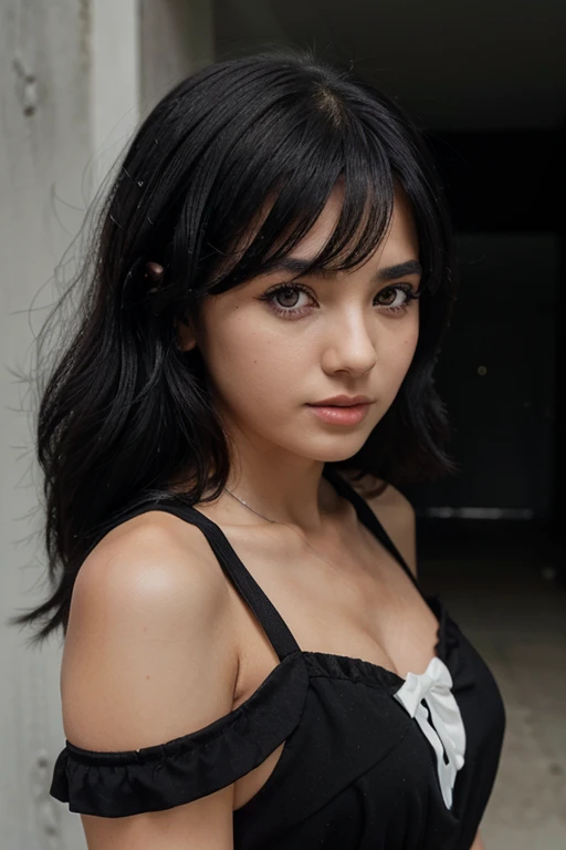 Tenn age girl , blackeyes, black and white dress, black hair.