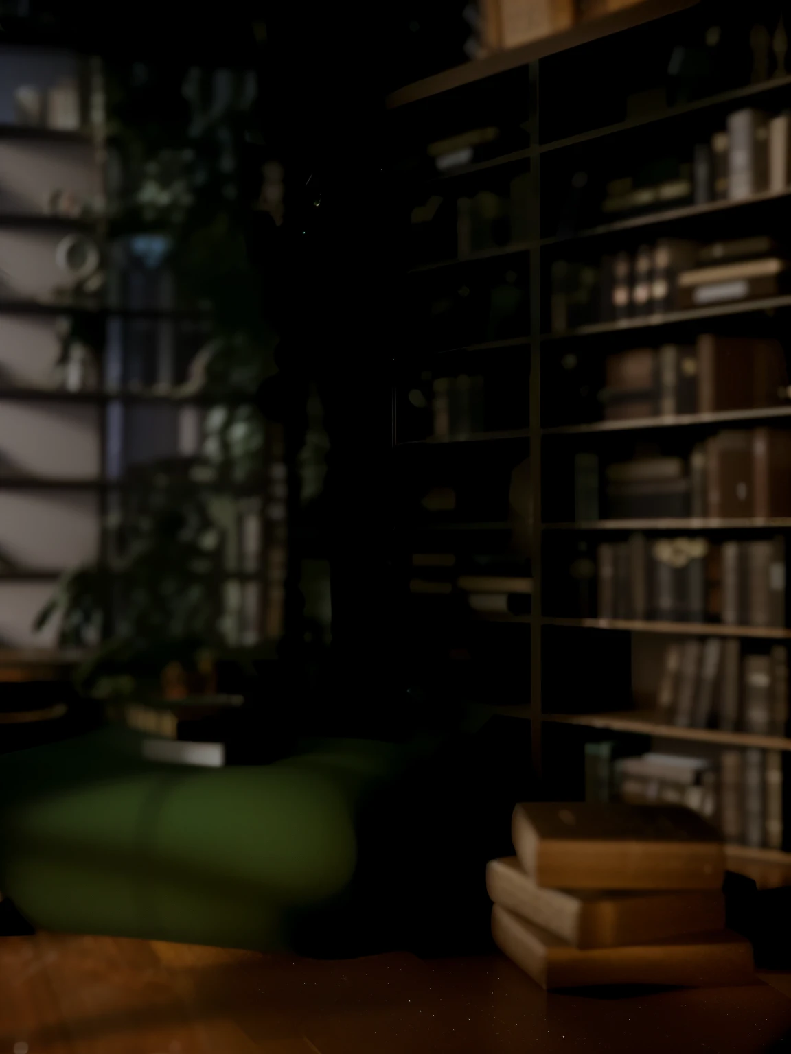 There is a cat sitting on a chair in the room, alchemist library background, library background, tilt shift library background, blurry background of the library, library interior background, gloomy library, dusty library, personal room background, magical library bokeh, in a gloomy library, some background blur, Realistic cinematic rendering, dark library, Detailed architectural visualization renderings, background = library