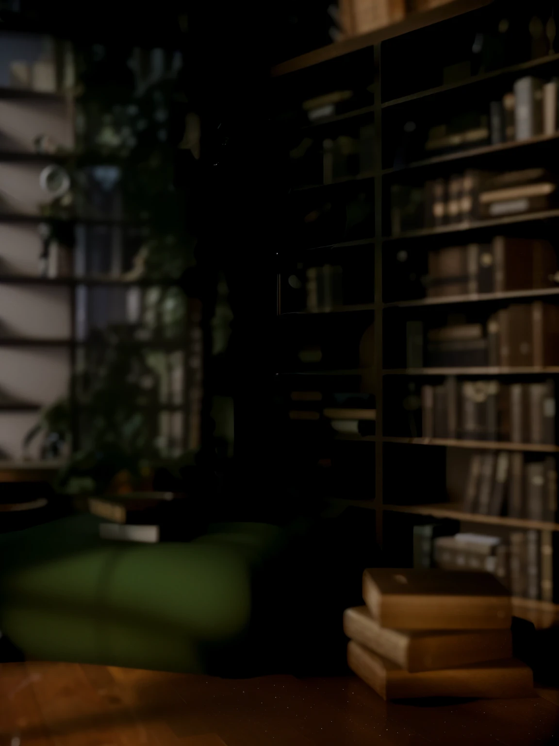 There is a cat sitting on a chair in the room, alchemist library background, library background, tilt shift library background, blurry background of the library, library interior background, gloomy library, dusty library, personal room background, magical library bokeh, in a gloomy library, some background blur, Realistic cinematic rendering, dark library, Detailed architectural visualization renderings, background = library