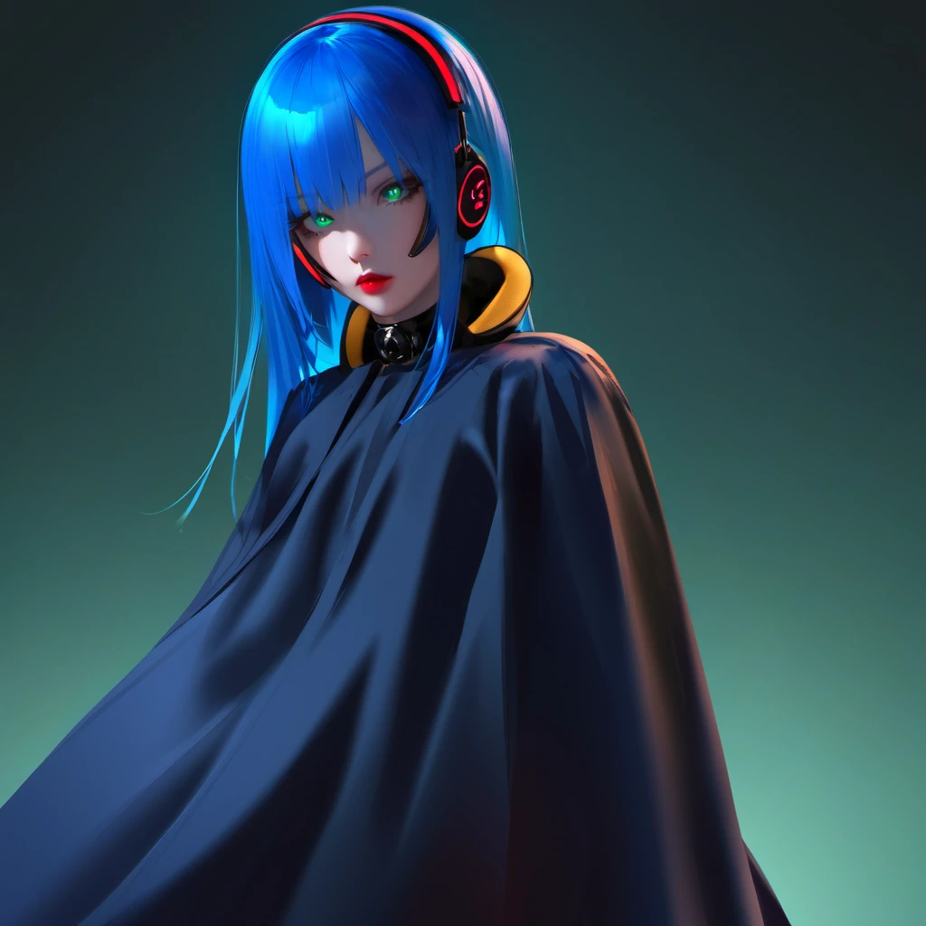 A young and very sexy and beautiful adult woman with large green eyes, long Blue hair. Impeccably make up with red lipstick, dark eyeshadow accentuating her bright eyes. She's dressed in an gothic oversized dress. Sporting headphones, she is far away from the camera. She is in a liminal space, a bit confused