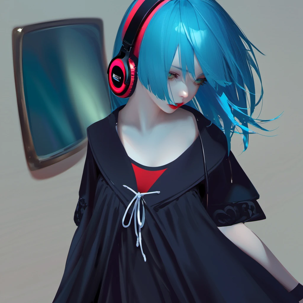 A young and very sexy and beautiful adult woman with large green eyes, long Blue hair. Impeccably make up with red lipstick, dark eyeshadow accentuating her bright eyes. She's dressed in an gothic oversized dress. Sporting headphones, she is far away from the camera. She is in a liminal space, a bit confused