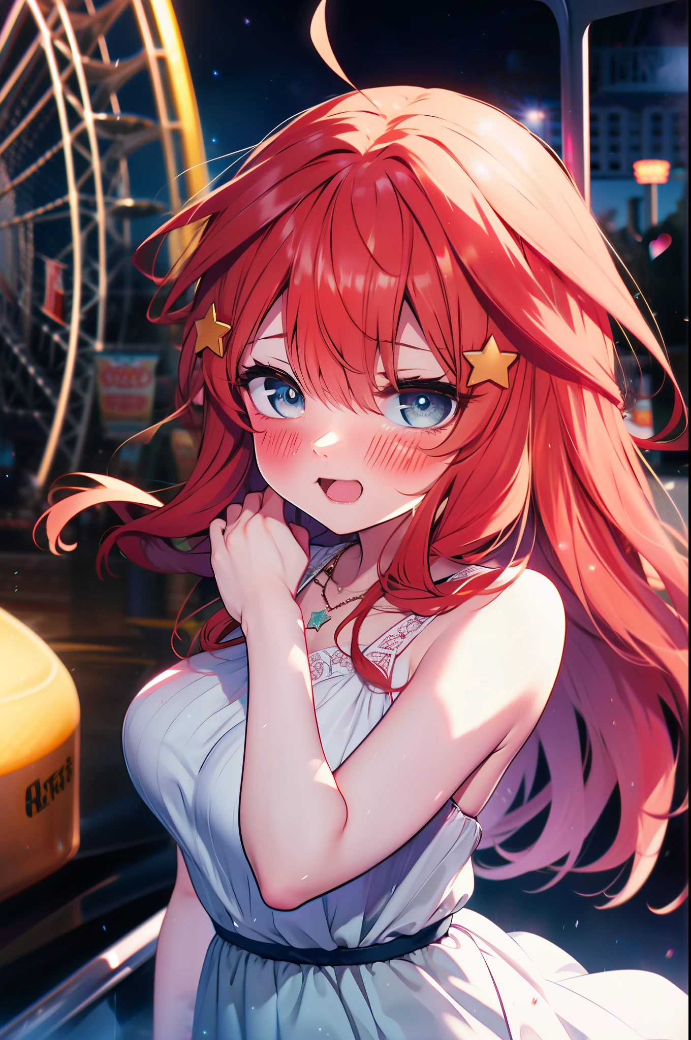 itsukinakano, Itsuki Nakano, bangs, blue eyes, Hair between the eyes, Ahoge, Redhead, star \(symbol\), hair ornaments, star hair ornaments,smile,blush,happy atmosphere,
(Great Laugh:1.1), (Open your mouth:1.1), Sun glare, Bokeh, Written boundary depth, blurred background, Particles of light, Strong winds, (Heart Particles:1.1),White long skirt integrated dress,Exposing shoulders,bare clavicle,Bare neck,Bare arms,Cute Sandals,slouch,Look up,night,moonlight,star,romantic,Heart Necklace,amusement park, roller coaster, carousel, Bumper Car, Ferris wheel, water park,　　　　　　　　 break looking at viewer, Upper Body, whole body,(Cowboy Shot:1. 3) 　　　　　　　　　　　　　　　break outdoors, amusement park　　　　　　　　　　　　break (masterpiece:1.2), highest quality, High resolution, unity 8k wallpaper, (shape:0.8), (Fine and beautiful eyes:1.6), Highly detailed face, Perfect lighting, Highly detailed CG, (Perfect hands, Perfect Anatomy),