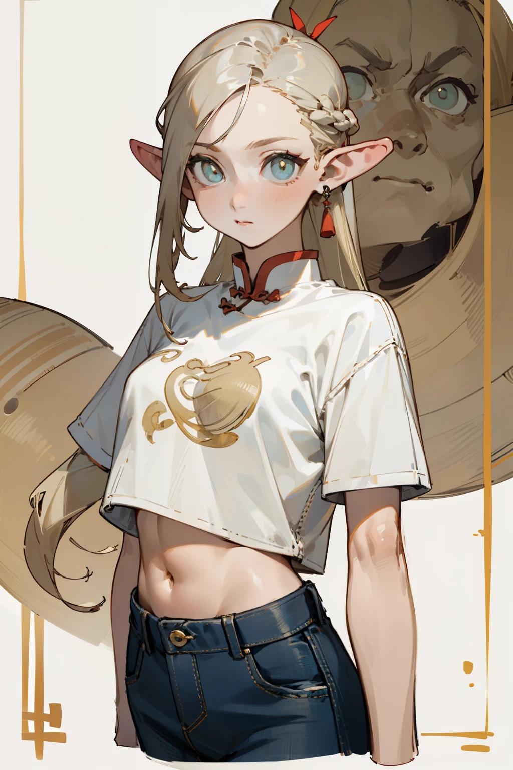(masterpiece, best quality) detailed,silver accessories , Blonde ,elegant, Pointed ears ,Chinese element pattern,Wear a white shirt and denim skirt,ripped cropped T-shirt,Navel exposed,