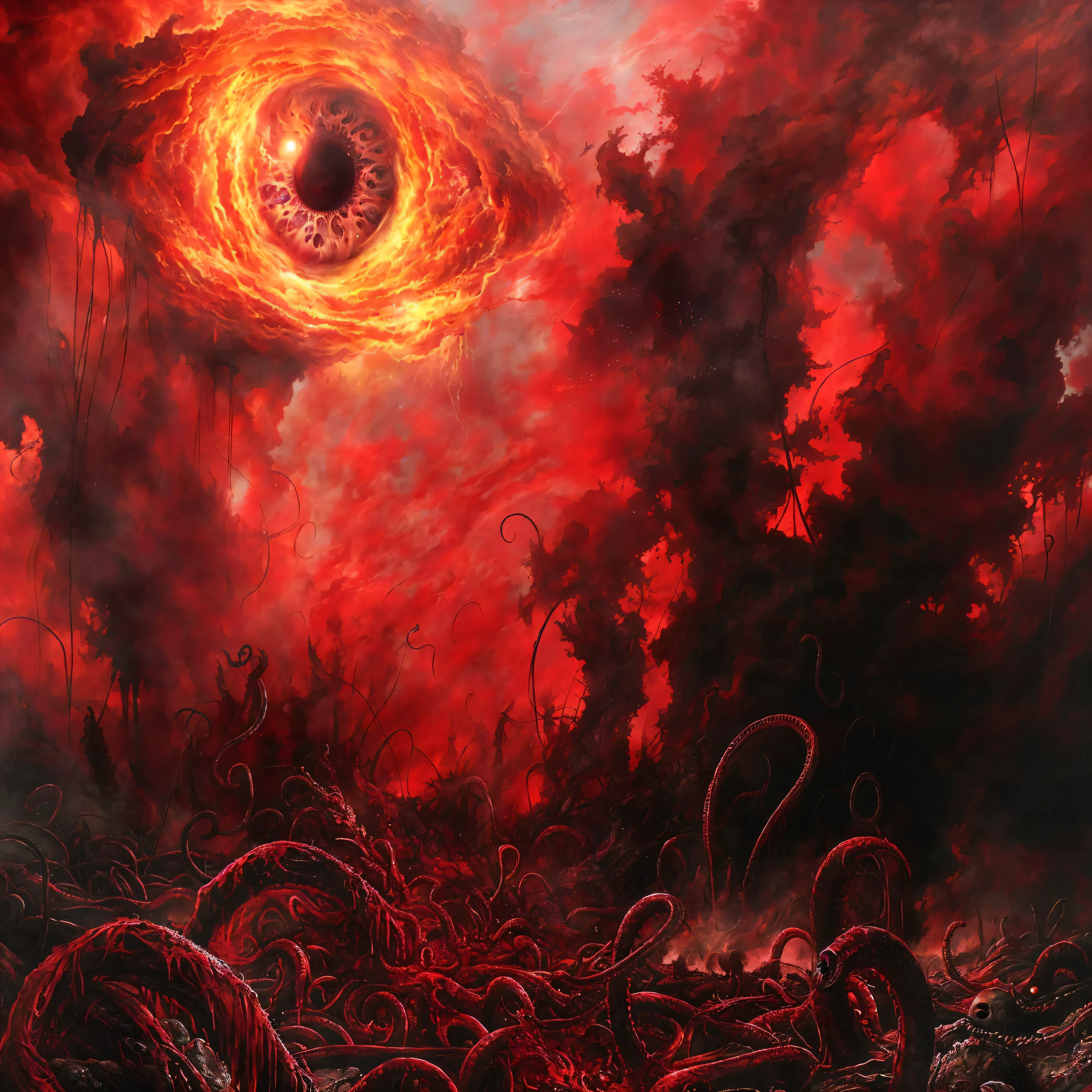 There is a painting，There is a huge eye in the painting，Surrounded by many tentacles, Lovecraftian Hell sight, Lovecraftian Landscape, Hell sight, Azathos, An ominous fantasy illustration, Doomsday art!!!!, hell background, Doomsday art, Lovecraft Background, Amazing d & d dark sun art, Yes-Sothoth! Yes, Background of horror