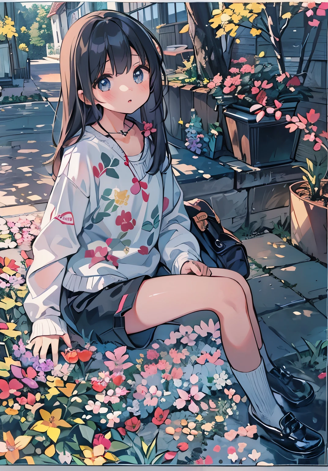 Beautiful illustrations, highest quality, (10 year old girl:1.6)、(pretty girl：1.5)、、、Flat Chest、(White argyle check knit)、(black chino shorts：1.4)、(Black shorts with wide openings：1.2)、Gap between thighs and shorts、Slim thighs、 Straight Hair、Cinematic lighting