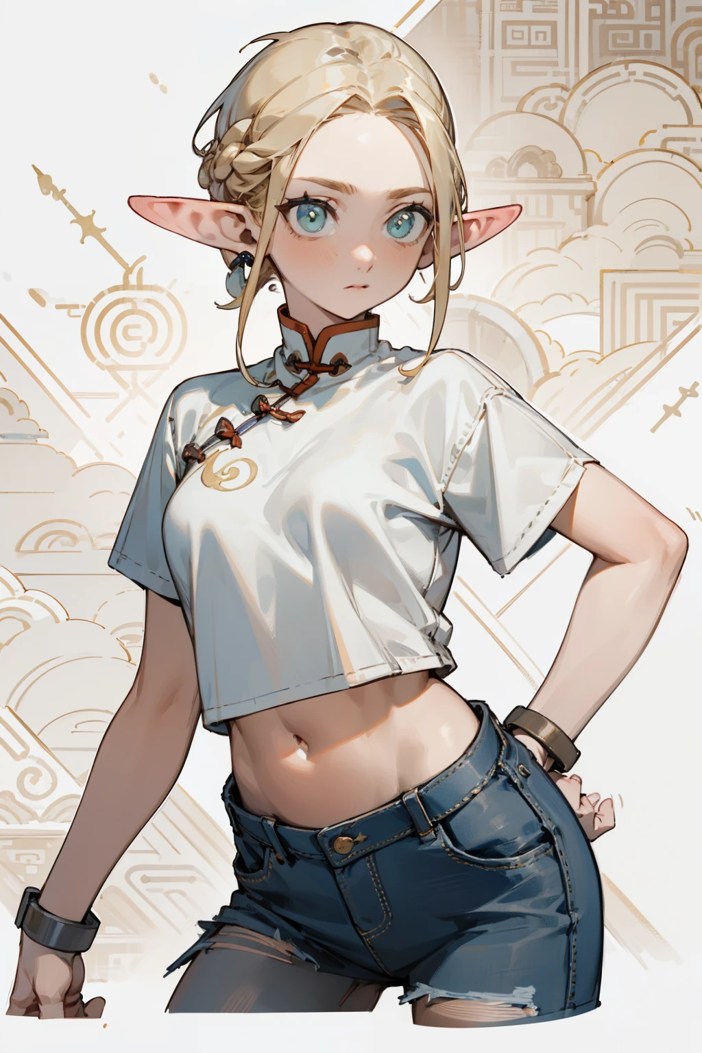 (masterpiece, best quality) detailed,silver accessories , Blonde ,elegant, Pointed ears ,Chinese element pattern,Wear a white shirt and denim skirt,ripped cropped T-shirt,Navel exposed,