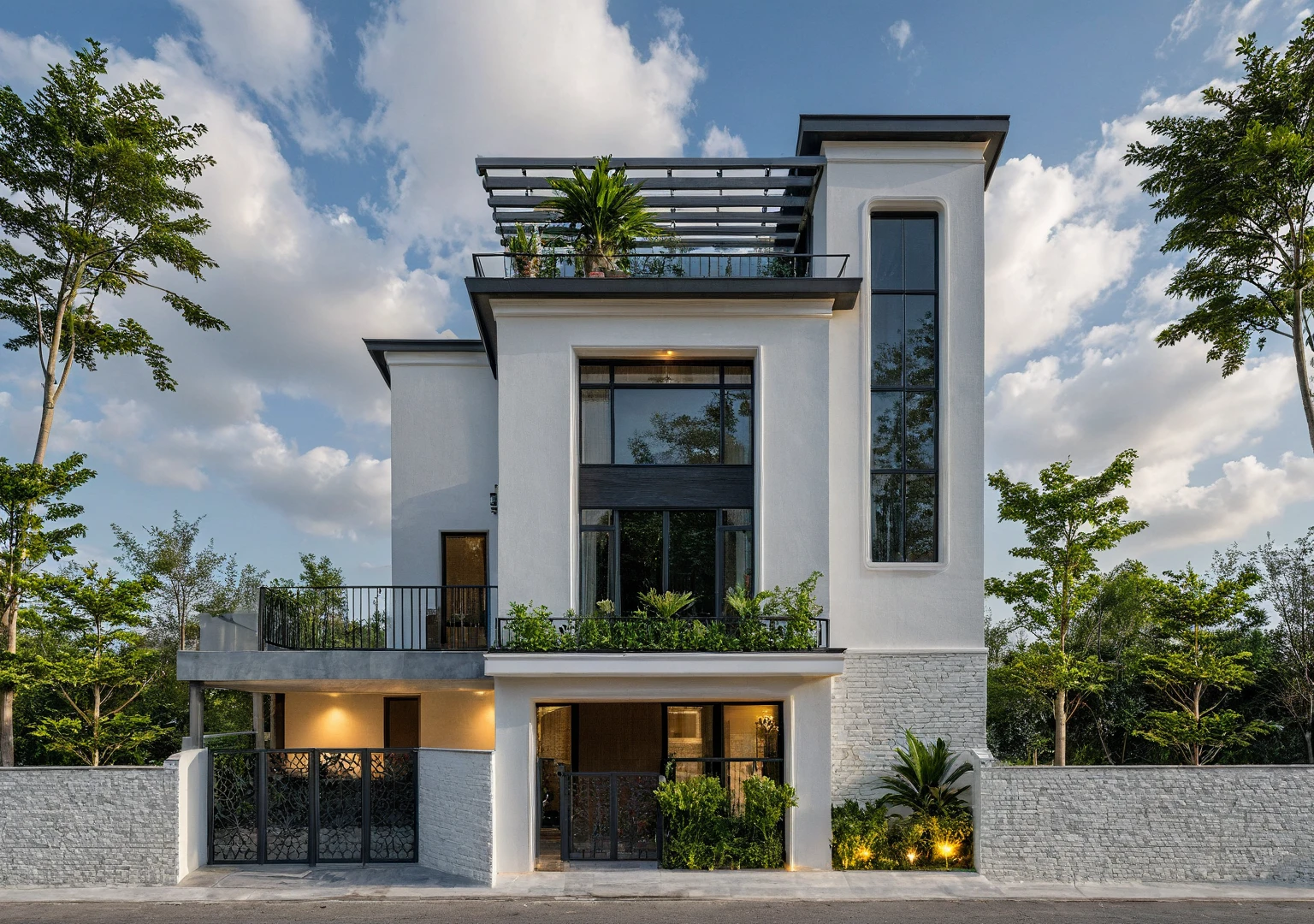 Masterpiece, high quality, best quality, authentic, super detail, outdoors, onestoreyvillaXL, aiaigroup, house style modern on the street ,stairs, white wall ,road,pavement, grass, trees, sky, cloud, (daylight:1.1)