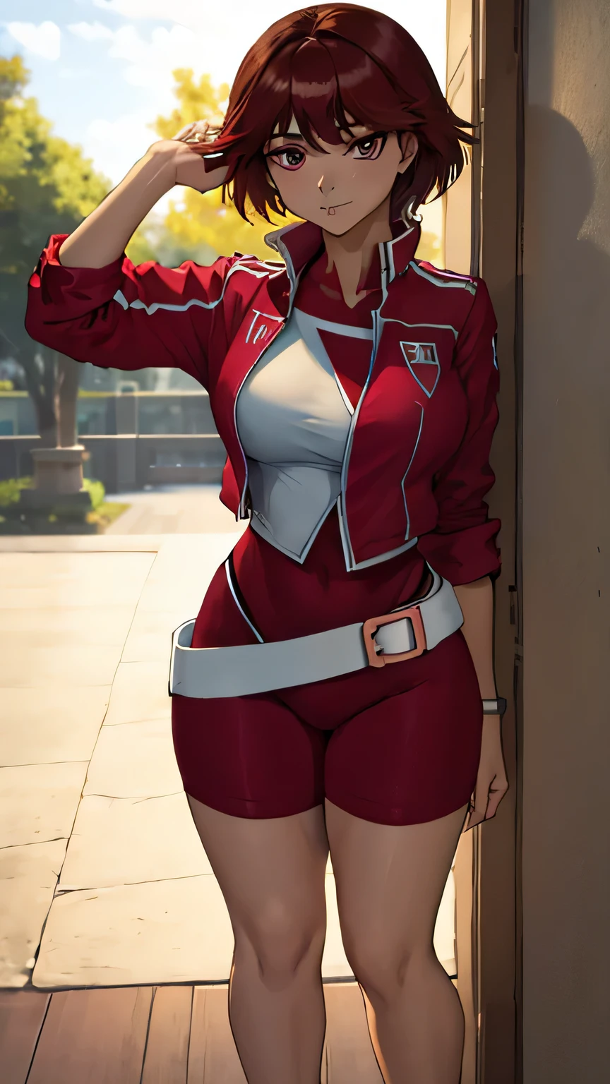 fujieda yoshino, brown hair, red uniform, red jacket, white belt, red shorts,nude breast, perfect breast, perfect hips, beautiful face, looking to the viewer, full body, motherly body, best quality, highres, masterpiece:1.2), athletic wear, sexy, tight-fitting clothes, big breasts, intense gaze, confident pose, vibrant colors, soft lighting, detailed facial features 