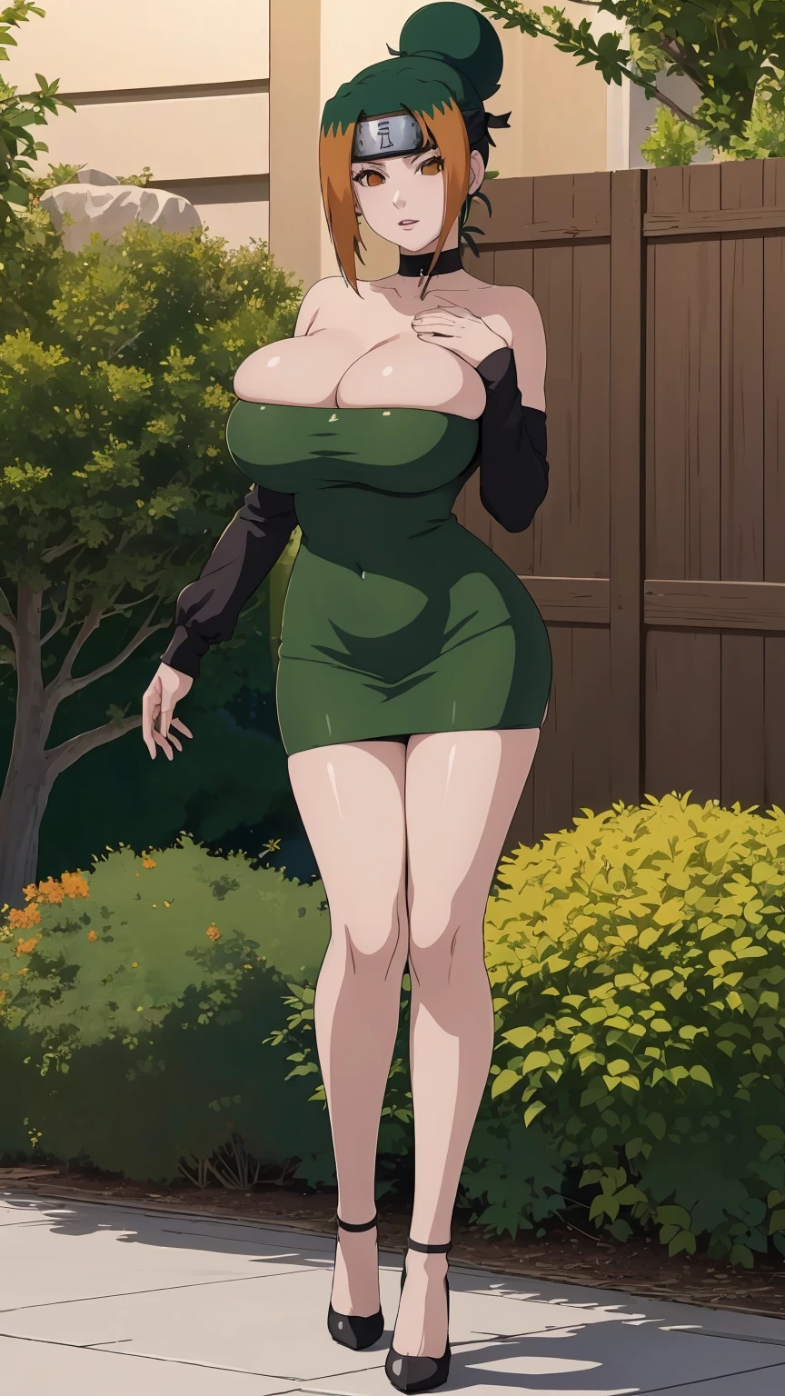 masterpiece, ultra high-quality, extremely detail 8k cg, high resolution, 1girl, pakura, green hair, orange eyes, thin body, huge breasts, bursting breasts, strapless shorttubedress, high heels, choker, beautiful face, outdoors, garden, night time, full shot photo, full body