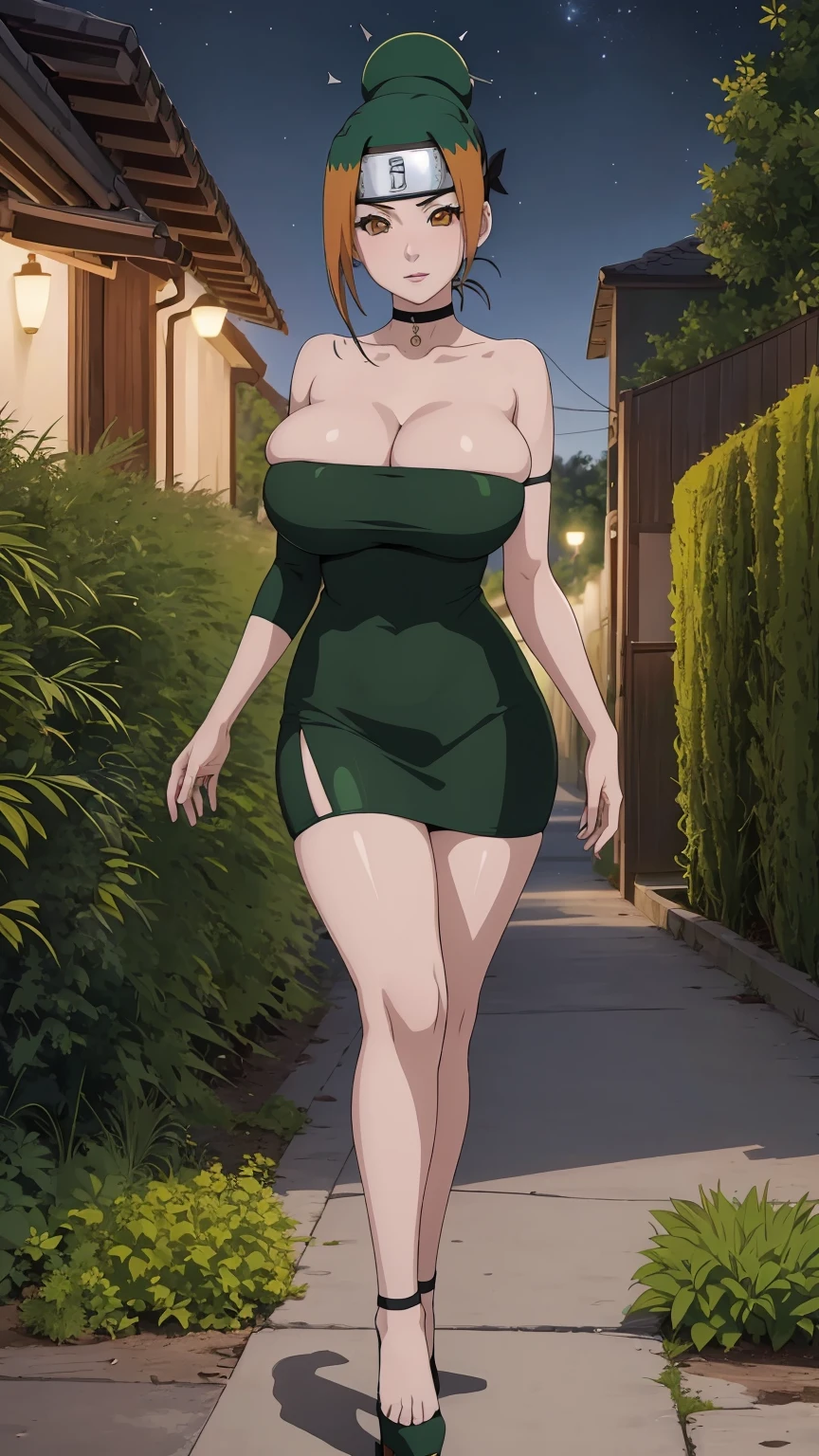 masterpiece, ultra high-quality, extremely detail 8k cg, high resolution, 1girl, pakura, green hair, orange eyes, thin body, huge breasts, bursting breasts, strapless shorttubedress, high heels, choker, beautiful face, outdoors, garden, night time, full shot photo, full body