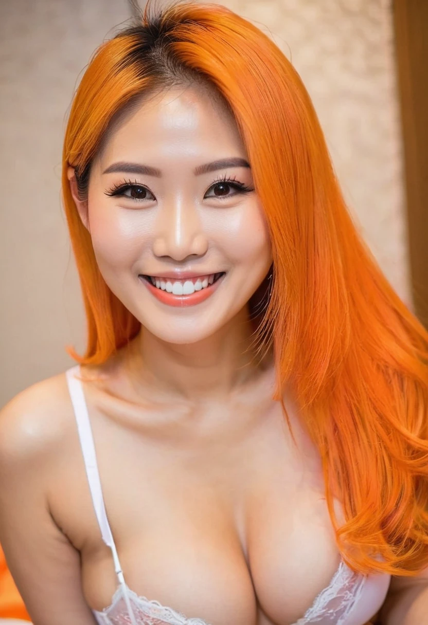 A beautiful Thai half-Japanese woman with a cute smile, long, shaved, bright orange hair, a small face and well-defined features, posing sexy in underwear that accentuates her G-cup breasts.
