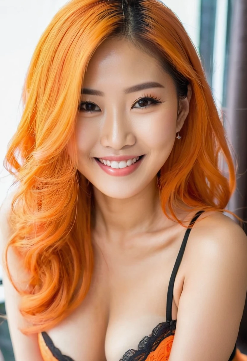 A beautiful Thai half-Japanese woman with a cute smile, long, shaved, bright orange hair, a small face and well-defined features, posing sexy in underwear that accentuates her G-cup breasts.