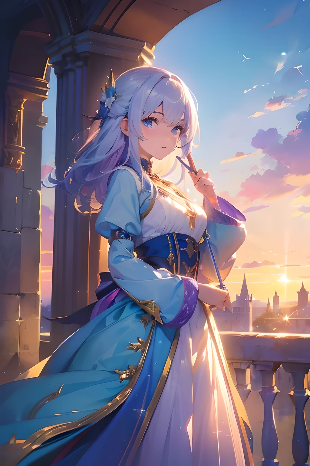 (best quality, masterpiece, detailed, 8K), A radiant and vivid watercolor painting captures a hopeful and determined (young lady1.3) standing on a (castle balcony1.2). In her hand, a glowing (magic wand1.6) emits powerful and enchanting spells. The warm hues of the setting sun and her flowing (blue-white hair1.4) complement her (purple dress1.3), creating a captivating visual stimulus. The scene strongly emphasizes her (sparkling eyes1.5) and the resoluteness seen in them. This creative fusion results in a richly (saturated and vivid colorful scenery1.7), which teems with life and magic，（Blue eyes with divine power1.5）