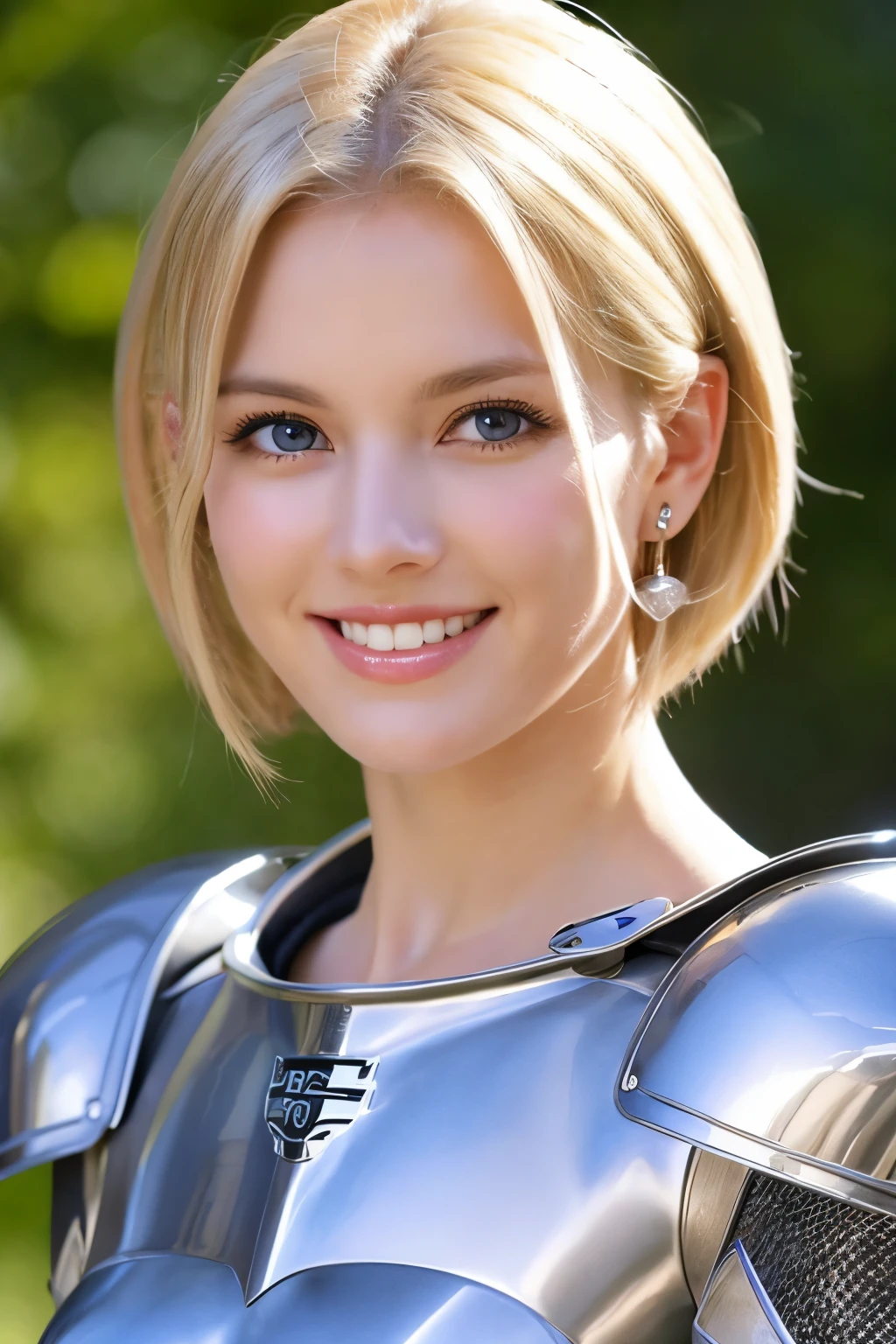 8K、highest quality、female knight、Luxurious Silver Armor、、hairstyle short cut、smile、Beautiful Teeth、Full body photo、ear piercing、blonde、White woman、blue eyes、Heavy makeup、The background is inside the castle