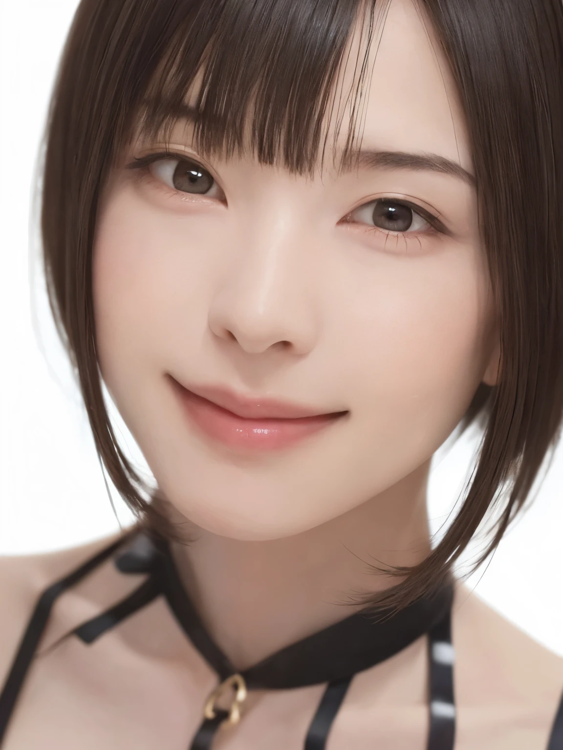 1 girl, alone, Shiny skin, chest, very detaileded, ultra detaileded, Ultra-high resolution, whole body, (Photorealism:1.4), (highest quality), (Best Shadow), Ulzzang-6500, detailed, Perfect lighting, Black Hair, ((Showpiece, highest quality, High precision)), One Girl, (big chest, Realistic: 1.4), (look up at the camera even a little, カメラをlook up, look up, look up at the camera, Looking into the camera))), alone, , White Background, snow-White Background, shut up., smile, pretty Black Hair, short hair, Big eyes, Transparent double eyelids, eyelash, listen, Long neck, Long neck, Absolute area, ((Face close-up, short hair with bangs)), 19 years old, Attractive proportions, Shiny skin, Beautiful clavicle, Golden ratio face, Perfect Face, Teardrop-shaped mole, chestのほくろ, bangs, clean bangs, beautiful bangs, Lip gloss, Thin lips, White skin, I took off my clothes, big chest, Small face, Small face, 少し上を向いてLooking into the camera, ((smile a little for the camera, really nothing pure White Background, very big big chest, big chest))