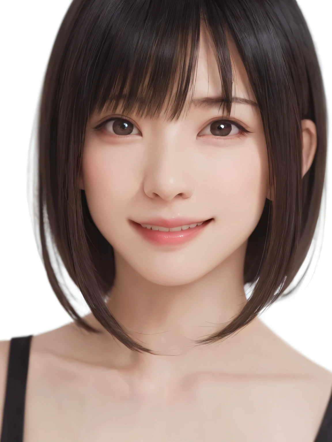 1 girl, alone, Shiny skin, chest, very detaileded, ultra detaileded, Ultra-high resolution, whole body, (Photorealism:1.4), (highest quality), (Best Shadow), Ulzzang-6500, detailed, Perfect lighting, Black Hair, ((Showpiece, highest quality, High precision)), One Girl, (big chest, Realistic: 1.4), (look up at the camera even a little, カメラをlook up, look up, look up at the camera, Looking into the camera))), alone, , White Background, snow-White Background, shut up., smile, pretty Black Hair, short hair, Big eyes, Transparent double eyelids, eyelash, listen, Long neck, Long neck, Absolute area, ((Face close-up, short hair with bangs)), 19 years old, Attractive proportions, Shiny skin, Beautiful clavicle, Golden ratio face, Perfect Face, Teardrop-shaped mole, chestのほくろ, bangs, clean bangs, beautiful bangs, Lip gloss, Thin lips, White skin, I took off my clothes, big chest, Small face, Small face, 少し上を向いてLooking into the camera, ((smile a little for the camera, really nothing pure White Background, very big big chest, big chest))