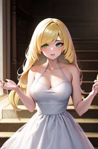 ((best quality)), ((Very detailed)), masterpiece, absurd, (Delicate eyes, Deep eyes), (1 Girl), Cowboy shooting, Lusamin, blond, Very long hair, Green Eyes, Medium breasts, (No white dress), completely naked, Green gemstones, High heel, white shoes, (indoors, on the stairs), Side milk，No underwear，Naked upper body，No clothes on the lower body，Expose，Expose生殖器，Ludongdong，Expose