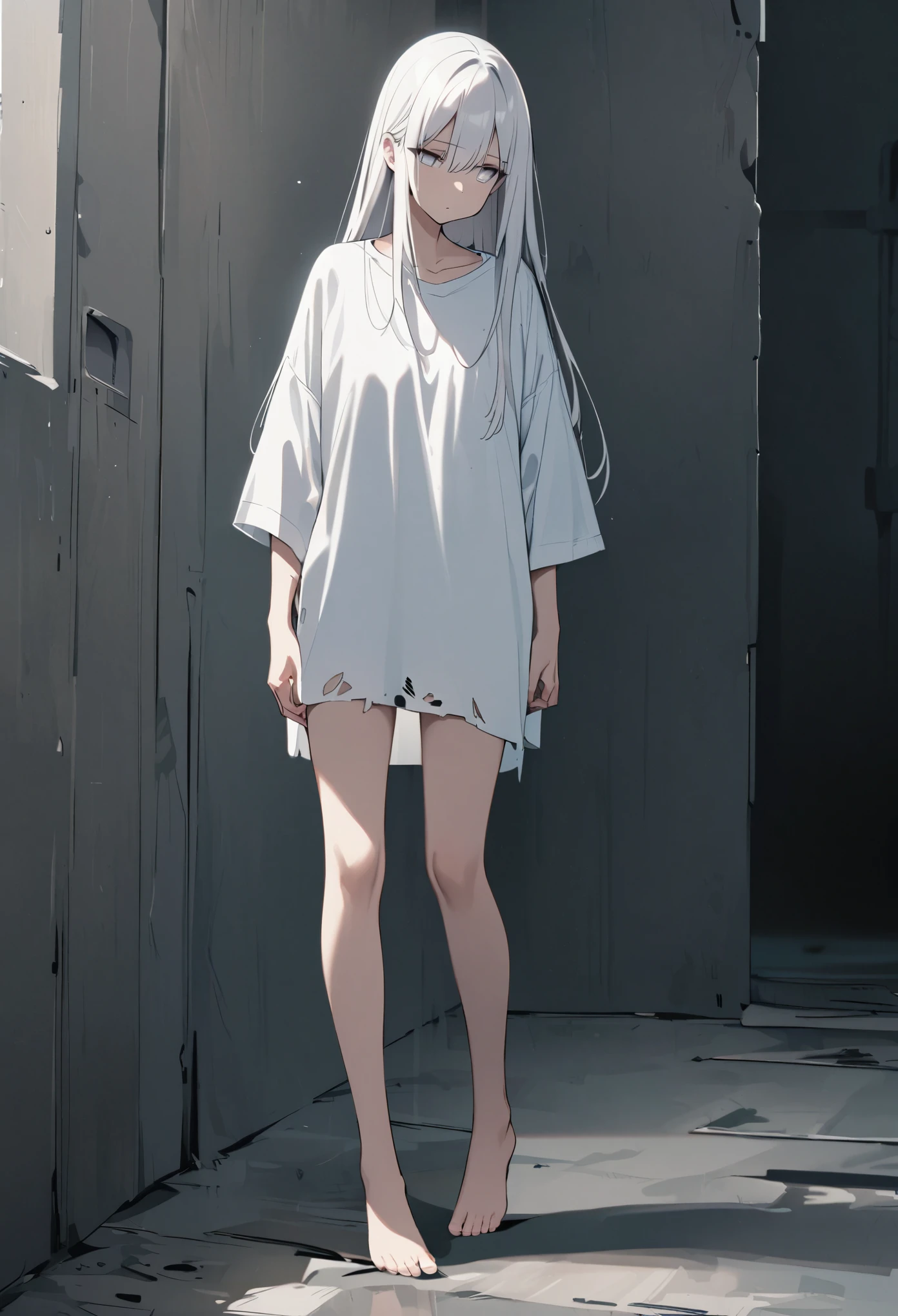White place、Nowhere、White Hair、Long Hair、White Eyes、Straight face、White tattered clothes、Oversized shirt、Slim body、Standing alone、Lonely、nothingness、Gaze Here、barefoot、Thighs