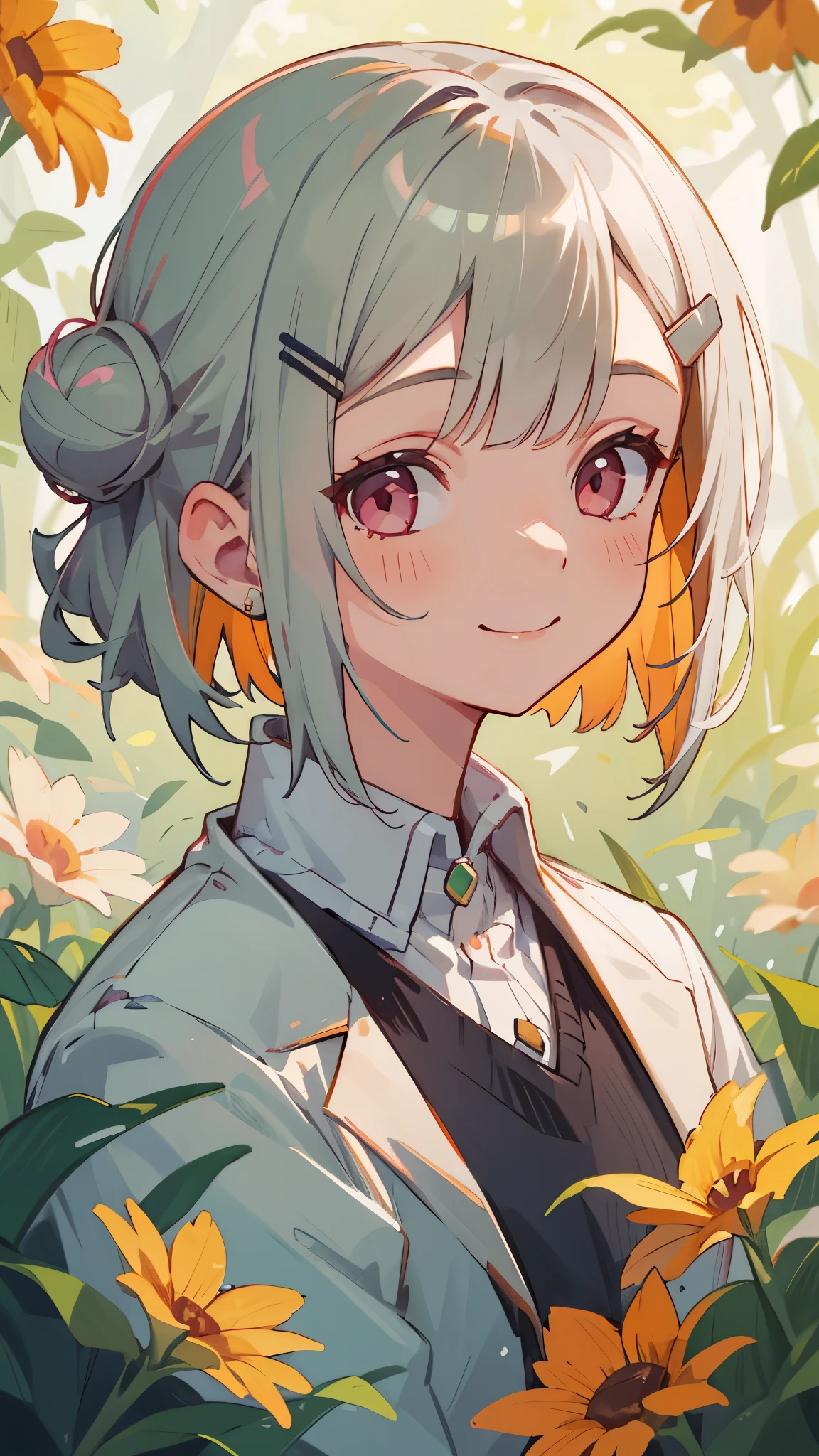 Single Portrait、girl、smile、impression、(Oil)、Green and orange tones、Short silver bob hair in a bun with a hair clip、Pink Eyes