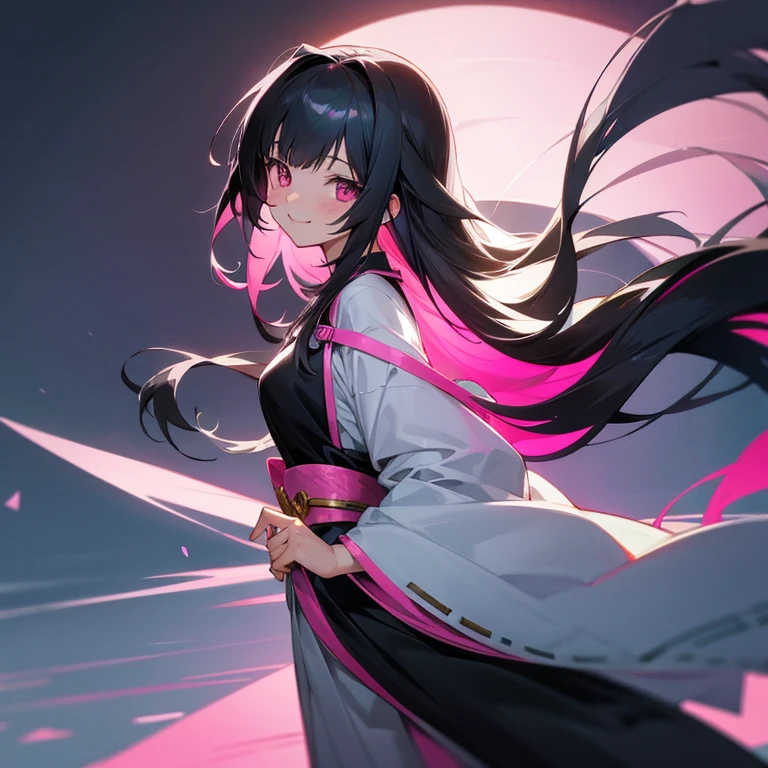 best quality, character design sheet, adult woman、No hat on, Black and pink hair, whole body, Head to Toe, Fortuneteller、Standing facing forward, Beautiful black dress, long Black Hair, Pure white background, from front, best quality, Cherry blossom pattern、Japanese、Adult Japanese、Clear eyes、Standing facing forward、The face is facing forward、holding a magic card in hand、White background、Black western dress、Neutral face、Black hair with pink inner color