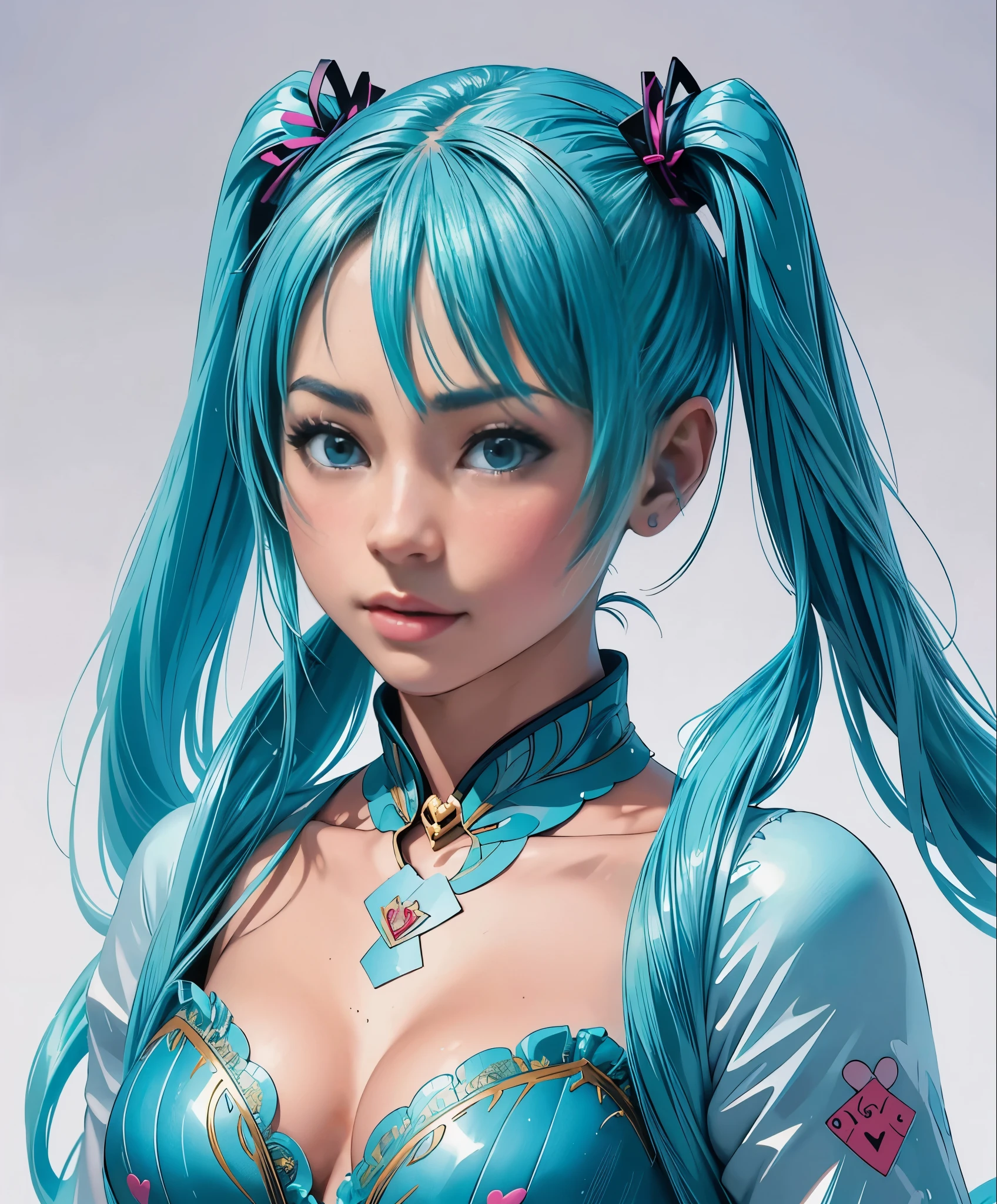 (masterpiece、highest quality、highest quality、Official Art、Beautiful and beautiful:1.2)、(One girl:1.3)Hatsune Miku、Twin tails,Big Breasts,((Stickers)),Stickers,1 girl, With sword, White Background,Simple Background,Concept Art,Under Art,Anime Style,Wonderland、Fantasy,masterpiece,hd,colorful,detailed details,seven colors,(highest quality,masterpiece, Complex,Very detailedな,8K Ultra HD,Ultra-high resolution,Very detailed),