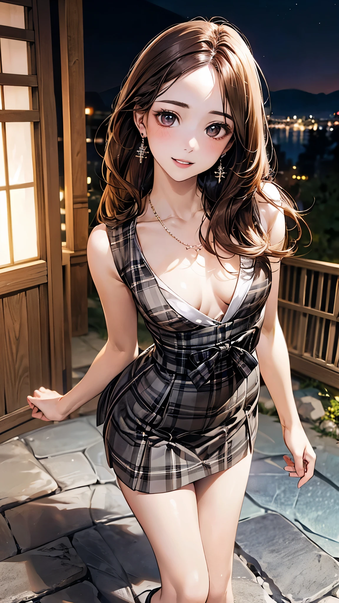 (masterpiece:1.2, top-quality), (realistic, photorealistic:1.4), beautiful illustration, (natural side lighting, movie lighting), nsfw,
beautiful detailed hair, beautiful detailed face, beautiful detailed eyes, beautiful clavicle, beautiful body, beautiful chest, beautiful thigh, beautiful legs, beautiful hands,
looking at viewer, (face focus), full body, 1 girl, japanese, high school girl, perfect face, cute and symmetrical face, shiny skin,
(long hair, straight hair, brown hair), forehead, gray eyes, slant eyes, big eyes, long eye lasher, (medium breasts), (small ass, thin thighs), slender, outstanding style,
detailed cloth texture, small earrings, necklace, (knit dress, (plaid skirt)), bow tie, (striped stockings, high heels),
(beautiful scenery), summer, night, (hot spring), standing, face up, (lovely smile, parted lips),