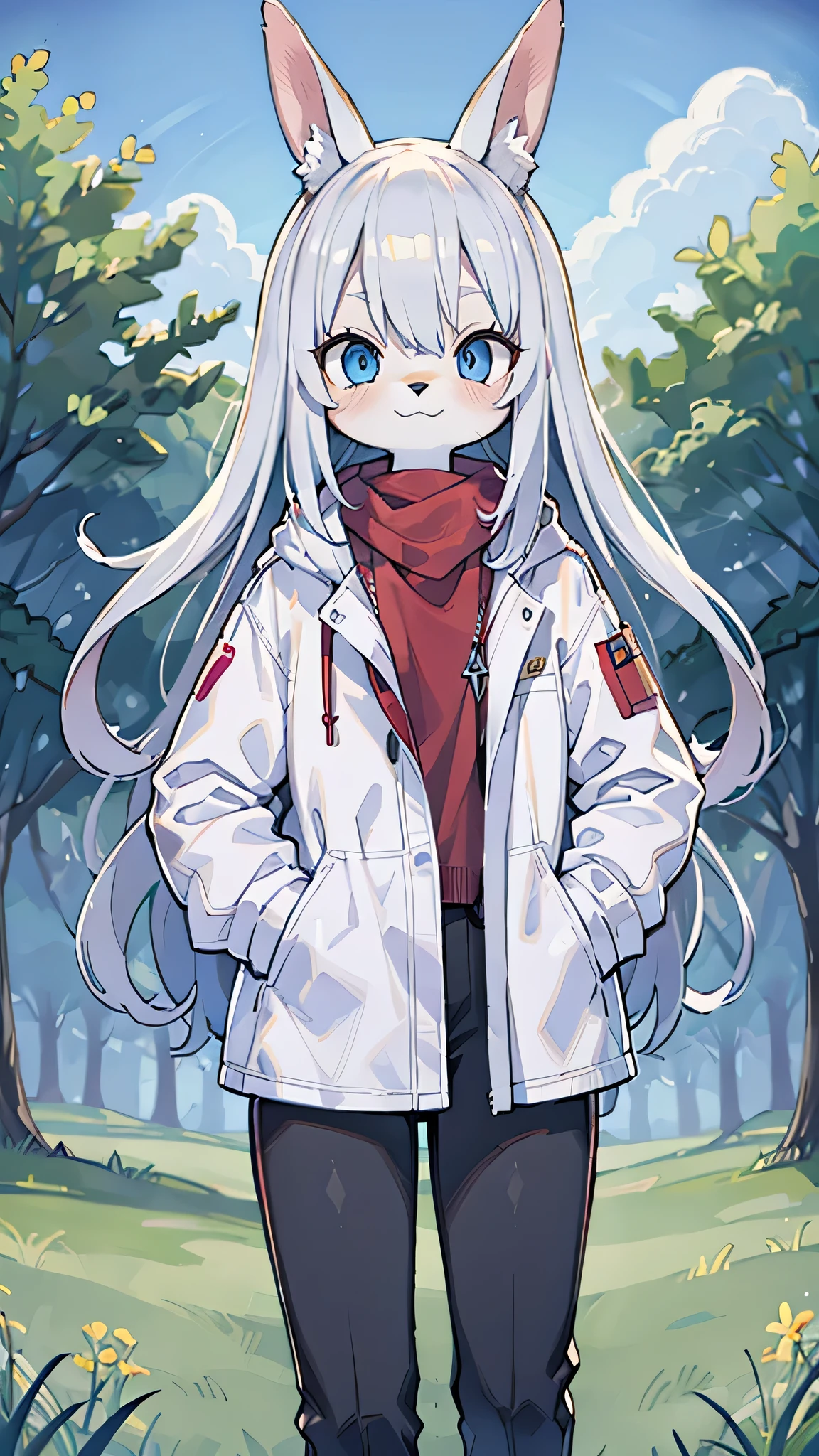(masterpiece, highest quality), Intricate details, 8k, White rabbit ears, One Man, Slender figure, anime, Tall, White Hair, White coat, black pants, furry, in the middle, Blue eyes, a little long hair, grassland, smile, White clothes, Hands in pockets