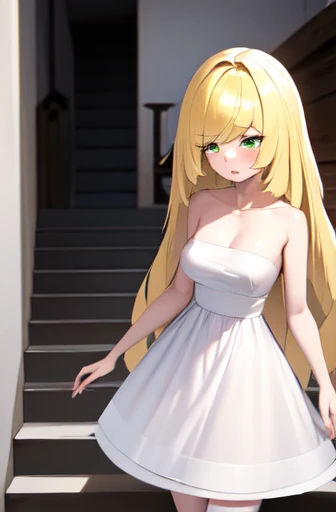 ((best quality)), ((Very detailed)), masterpiece, absurd, (Delicate eyes, Deep eyes), (1 Girl), Cowboy shooting, Lusamin, blond, Very long hair, Green Eyes, Medium breasts, (No white dress), completely naked, Green gemstones, High heel, white shoes, (indoors, on the stairs), Side milk，No underwear，Naked upper body，No clothes on the lower body，Expose，Expose生殖器，Ludongdong，Expose