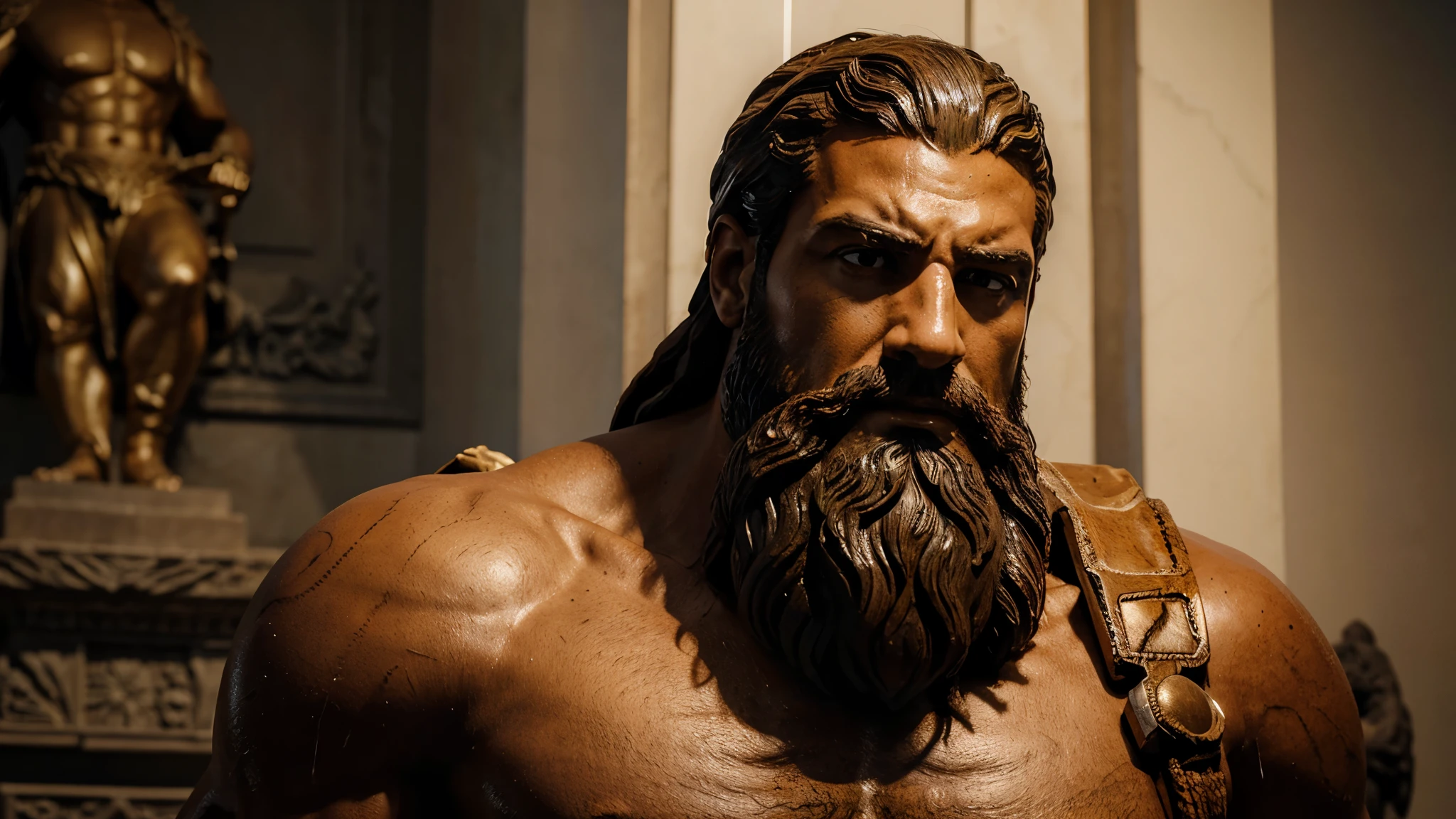 arafed statue of a man with a beard and a beard, a statue inspired by Exekias, featured on zbrush central, mannerism, portrait of demigod hercules, portrait of rugged zeus, greco roman statue, cinematic bust shot, statue of hercules looking angry, statue of zeus, cinematic close-up bust shot, portrait zeus