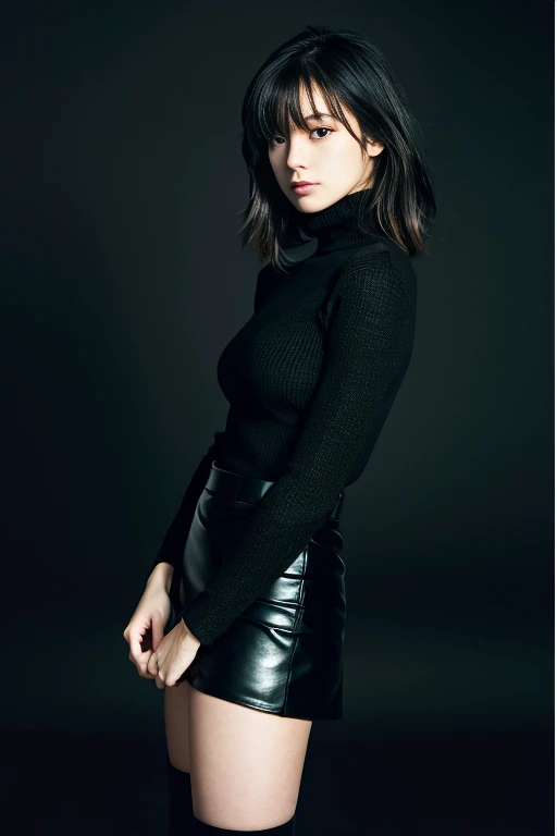 masterpiece,(highest quality:1.3),Ultra-high resolution,RAW Photos,Detailed skin,style: Realistic photos,
One girl,black high heels,clear face,,Bob,body whole body,profile,Long sleeve,Dark black tights,black tight skirt,black turtleneck,Black corde,Neon city background,