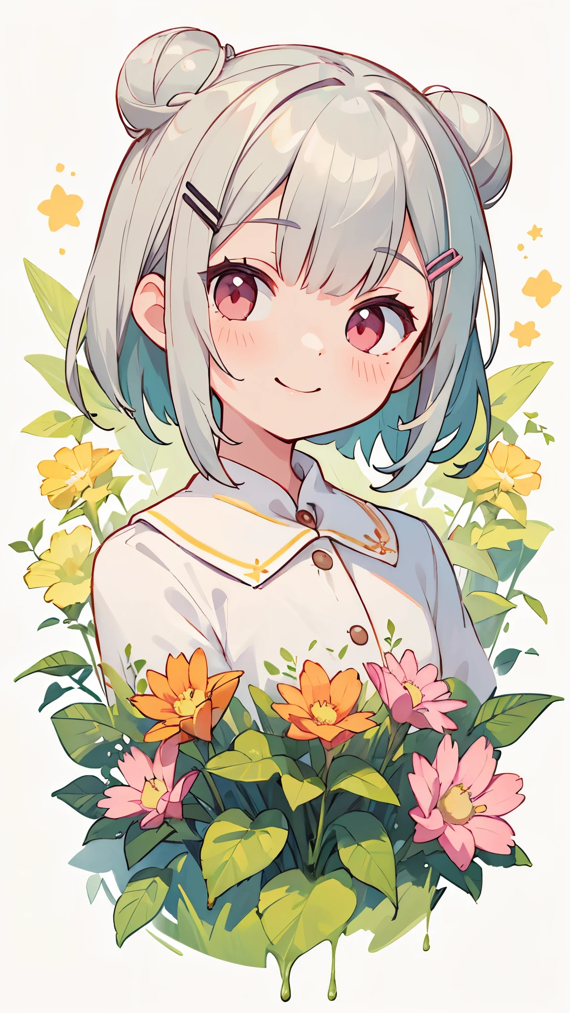 Single Portrait、girl、smile、impression、(Oil)、Green and orange tones、Short silver bob hair in a bun with a hair clip、Pink Eyes