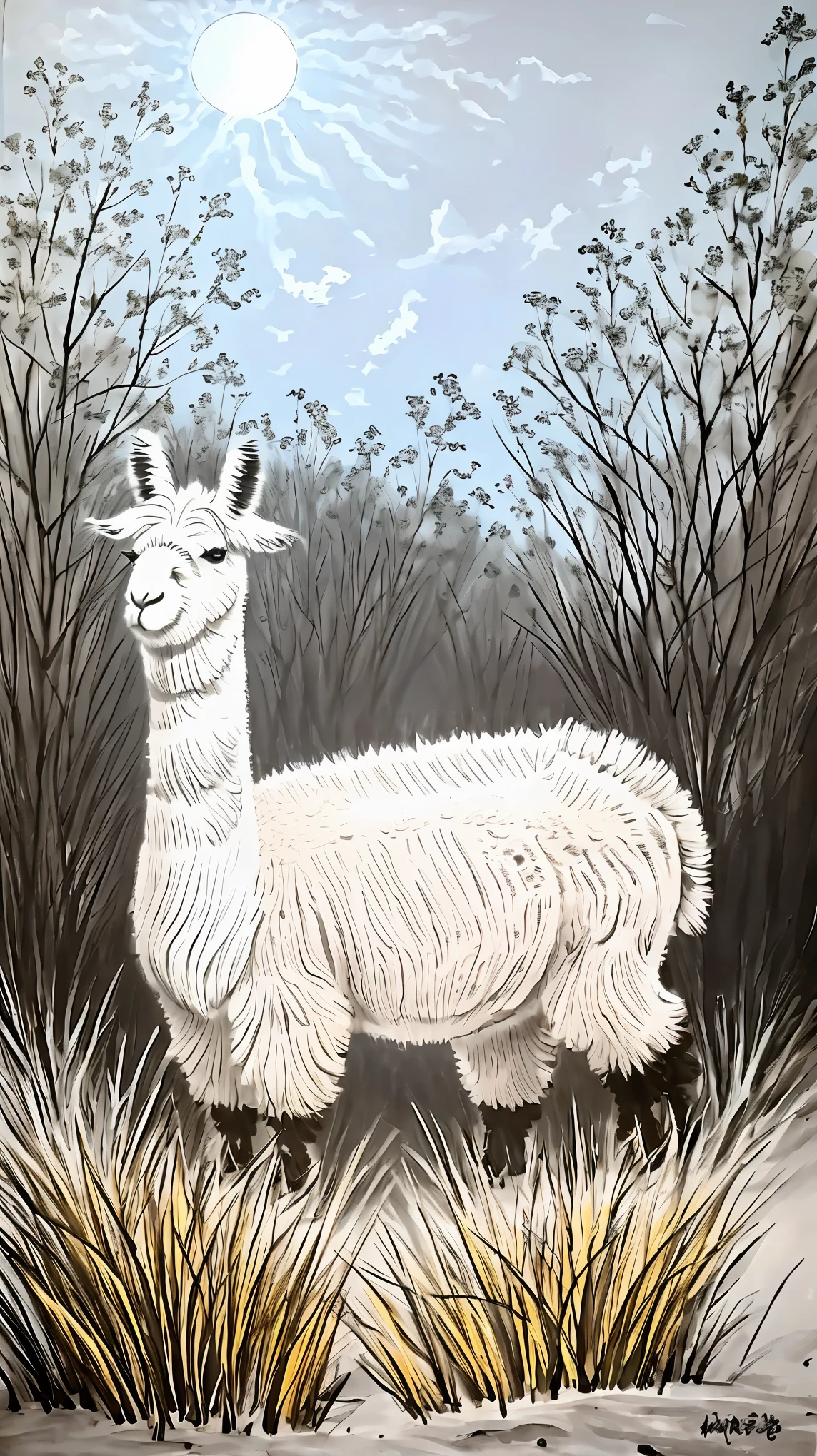 ((alpaca:1.2))、soft and fluffy fur、こちらを見つめるalpaca、Close-up shot:1.4、Ink Painting、(peaceful landscape、Peaceful scene、Illuminated by the sun、Bright and colorful、Beautiful, peaceful and tranquil setting、comfortable、Countryside view、Peaceful nature:1.2