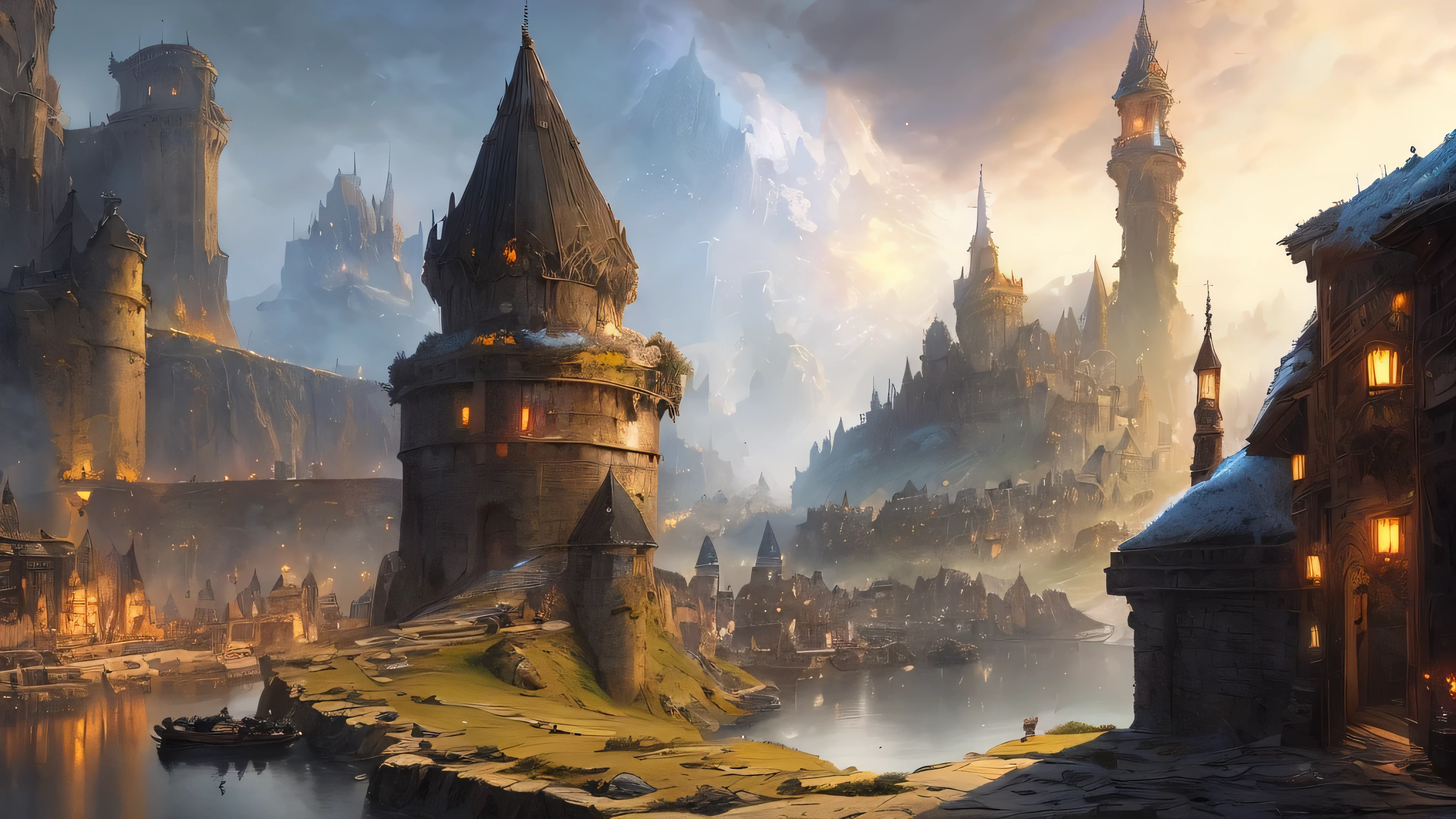 "(by Greg Rutkowski: 1.2), (masterpiece), ((best quality)), extremely delicate and beautiful, illustration, dynamic lighting, (fantasy landscape), A mesmerizing fantasy landscape with enchanting elements blending seamlessly. ((medieval port city (Neverwinter), ships, dungeon and dragons)), A sense of tranquility and wonder fills the air, inviting exploration and discovery. Providing a distant view that captures the grandeur and atmosphere. From Brian Froud and Carne Griffiths and Wadim Kashin and John William Waterhouse, 8K post-production, high resolution, ((highly detailed)), depth of field, HDR, intricate"