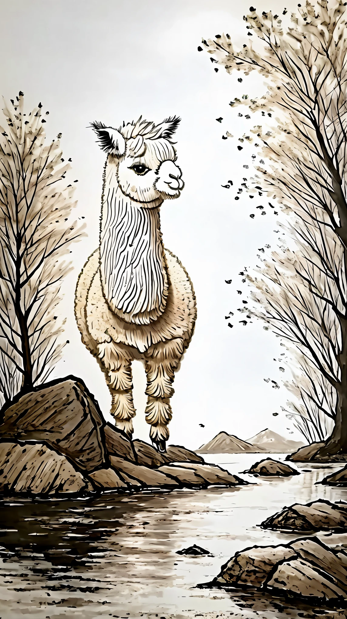 ((alpaca:1.2))、soft and fluffy fur、こちらを見つめるalpaca、Close-up shot:1.4、Ink Painting、(peaceful landscape、Peaceful scene、Illuminated by the sun、Bright and colorful、Beautiful, peaceful and tranquil setting、comfortable、Countryside view、Peaceful nature:1.2