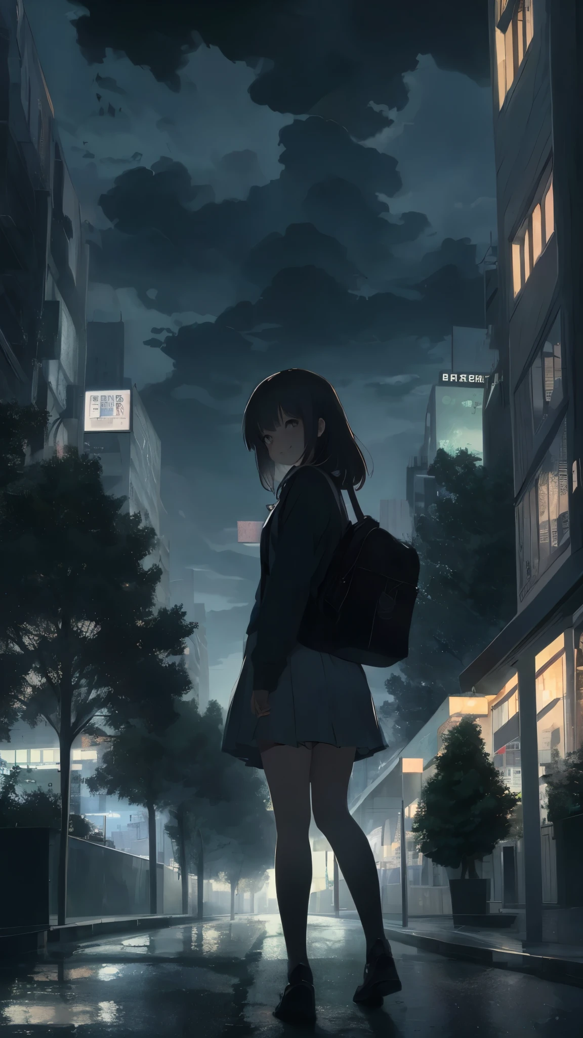 Late night city, trees,Many dark clouds ,Beautiful girl, , , student