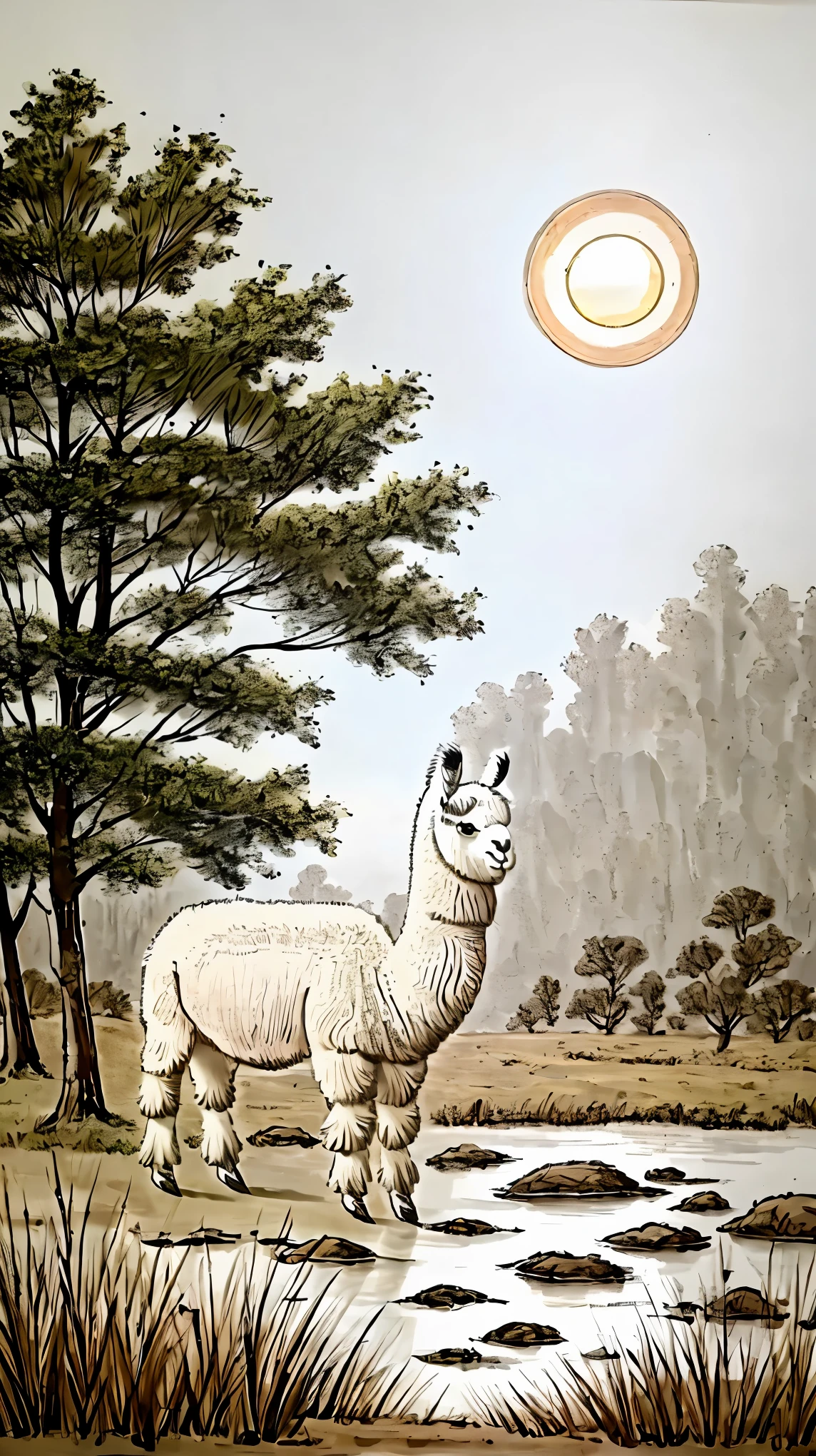 ((alpaca:1.2))、soft and fluffy fur、こちらを見つめるalpaca、Close-up shot:1.4、Ink Painting、(peaceful landscape、Peaceful scene、Illuminated by the sun、Bright and colorful、Beautiful, peaceful and tranquil setting、comfortable、Countryside view、Peaceful nature:1.2