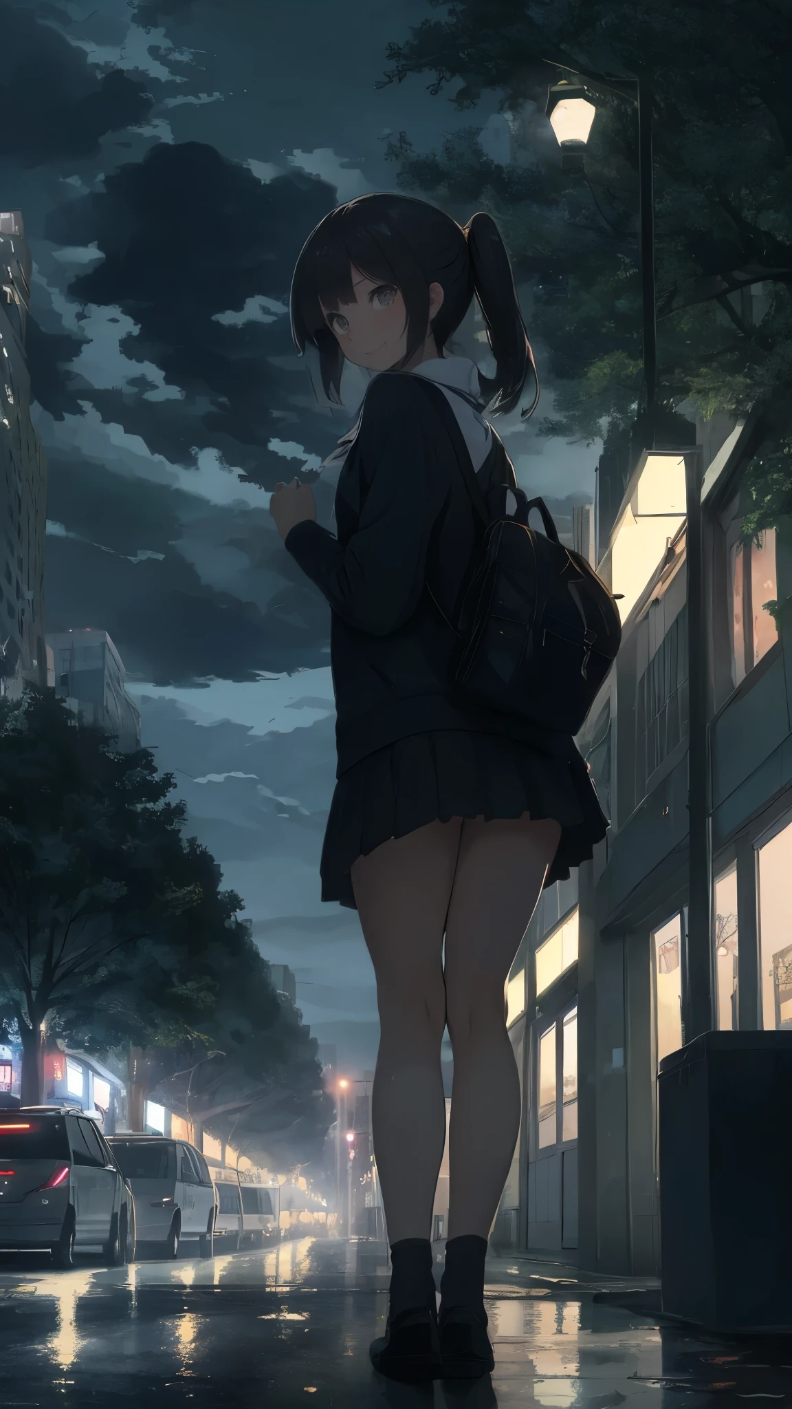 Late night city, trees,Many dark clouds ,Beautiful girl, , , student