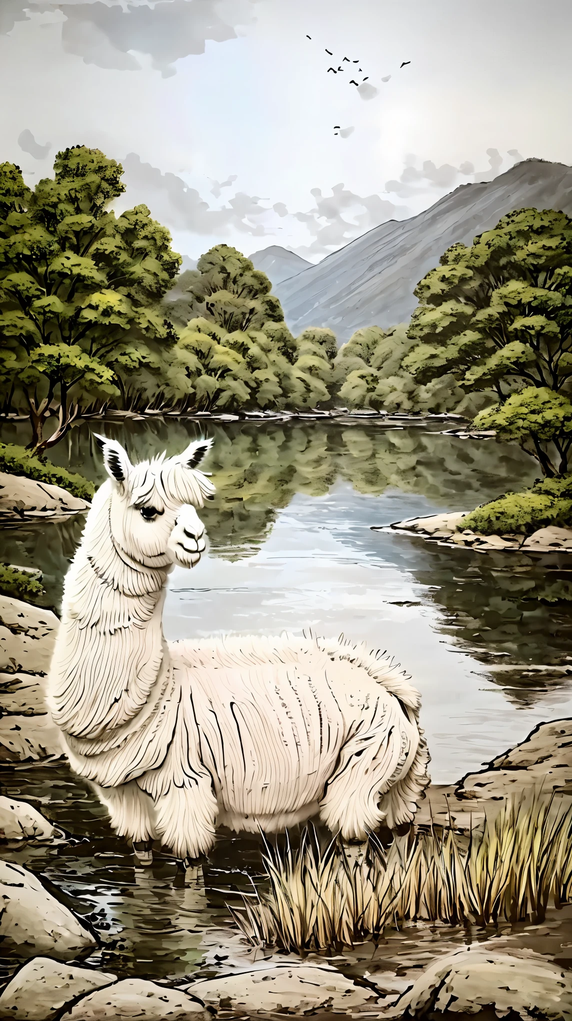 ((alpaca:1.2))、soft and fluffy fur、こちらを見つめるalpaca、Close-up shot:1.4、Ink Painting、(peaceful landscape、Peaceful scene、Illuminated by the sun、Bright and colorful、Beautiful, peaceful and tranquil setting、comfortable、Countryside view、Peaceful nature:1.2