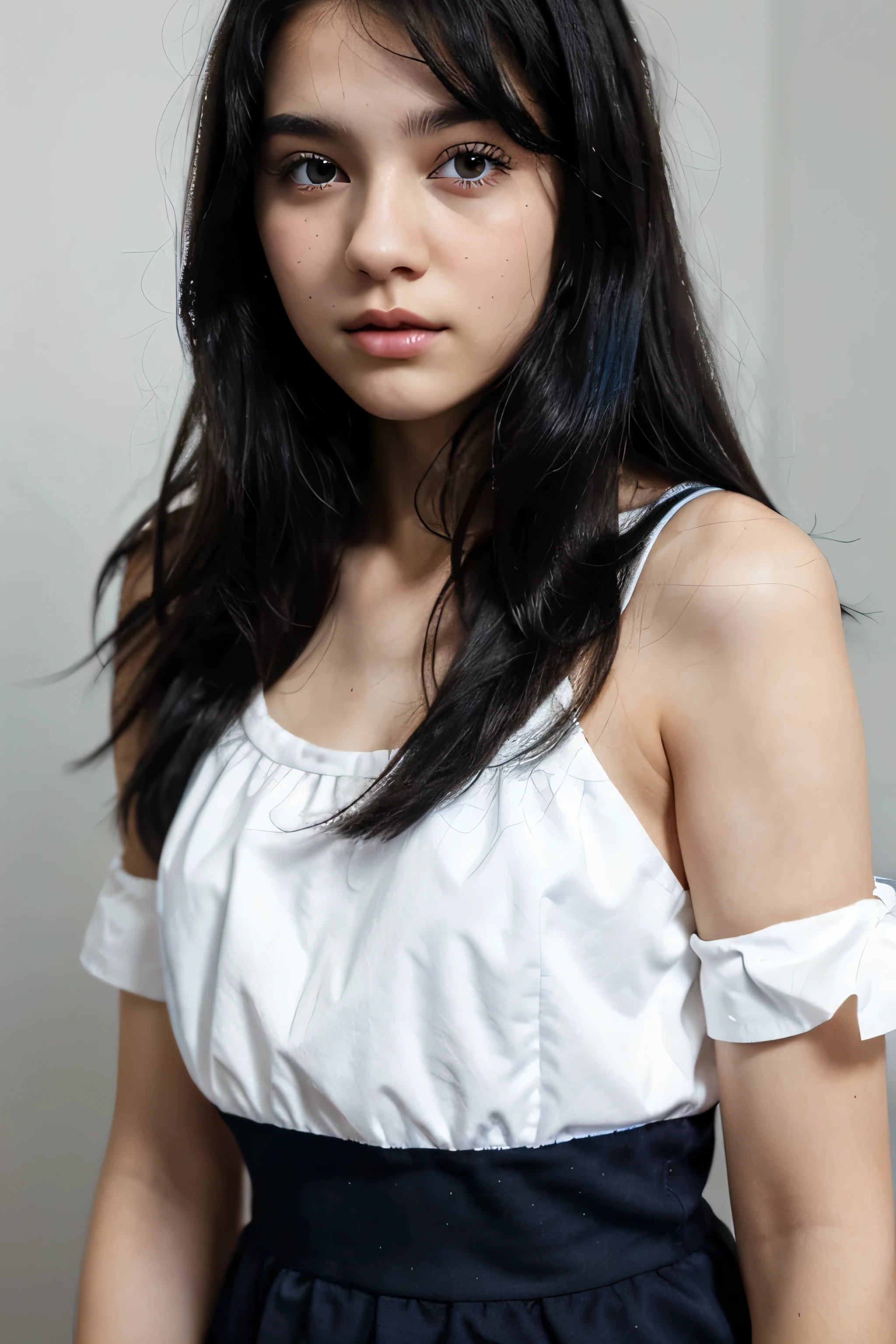 Teen girl, ,blackhair, wavey hair , blue white dress, white skin, black eyes.