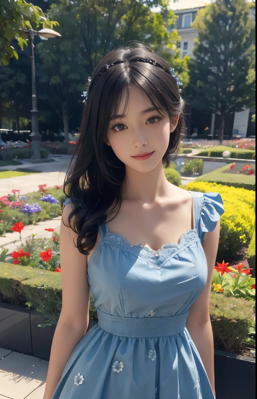 (Ultra-realistic) , (figure), (Increase the resolution), (8k), (Very detailed), (best figure), (Beautiful fine details), (highest quality), (Very detailedな), (masterpiece), (wallpaper), (Detailed face), alone,1 girl, Looking at the audience, Black straight hair, Subtle details, In the Dark, Deep Shadow, Modest, Pure Erotic Face Ace_v1, Smile, Blue Summer Dress, whole body, garden